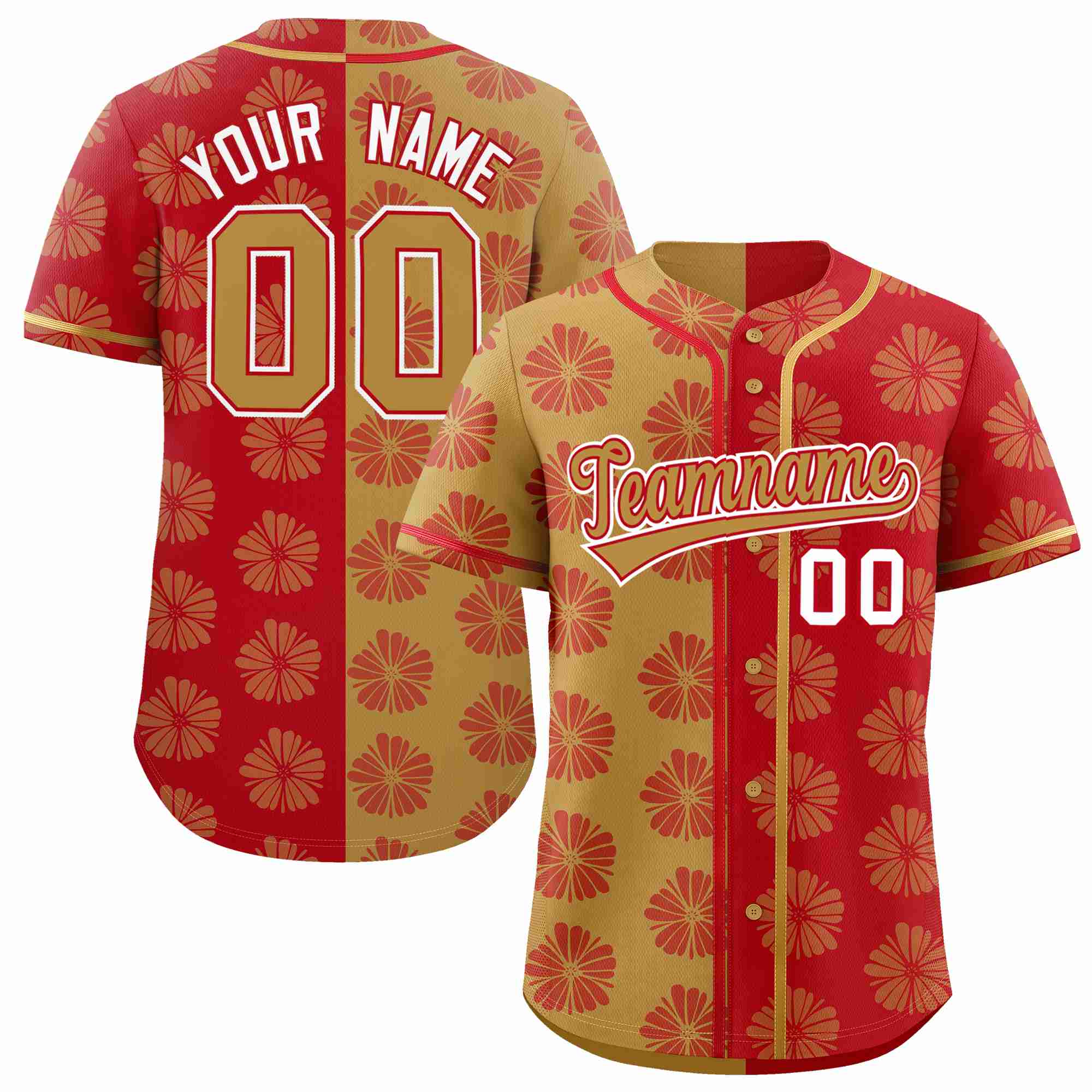 Custom Old Gold Red Split Fashion Flower Graffiti Pattern Authentic Baseball Jersey