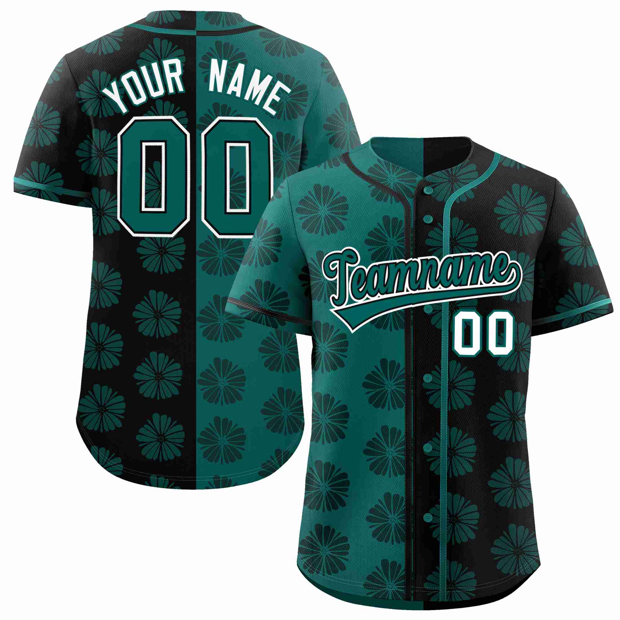 Custom Aqua Black Split Fashion Flower Graffiti Pattern Authentic Baseball Jersey