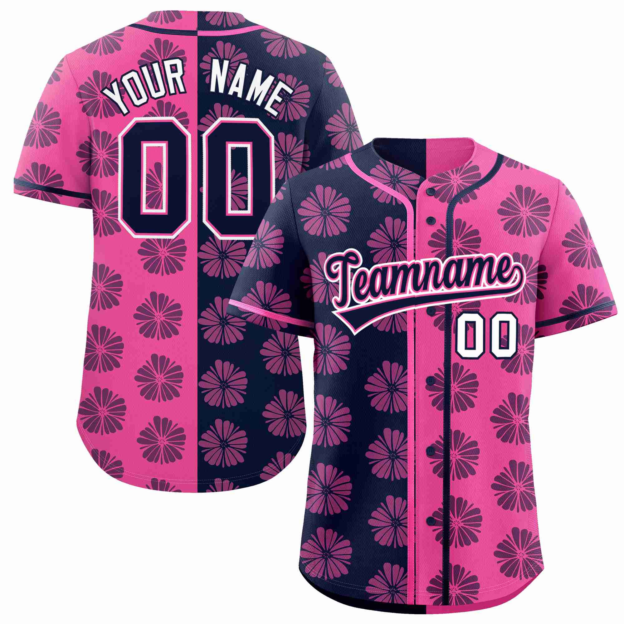 Custom Navy Pink Split Fashion Flower Graffiti Pattern Authentic Baseball Jersey