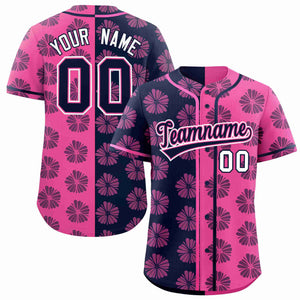 Custom Navy Pink Split Fashion Flower Graffiti Pattern Authentic Baseball Jersey