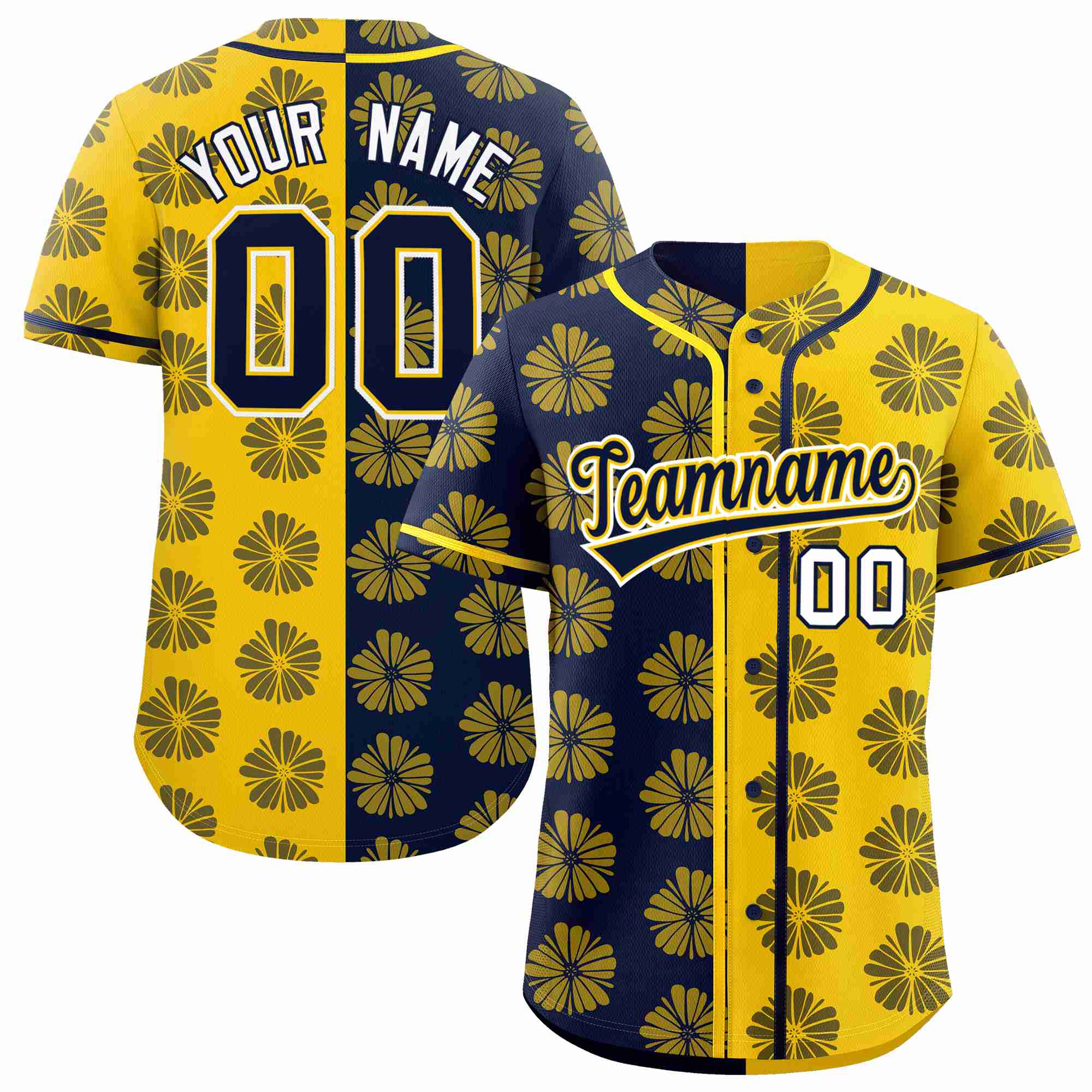 Custom Navy Gold Split Fashion Flower Graffiti Pattern Authentic Baseball Jersey