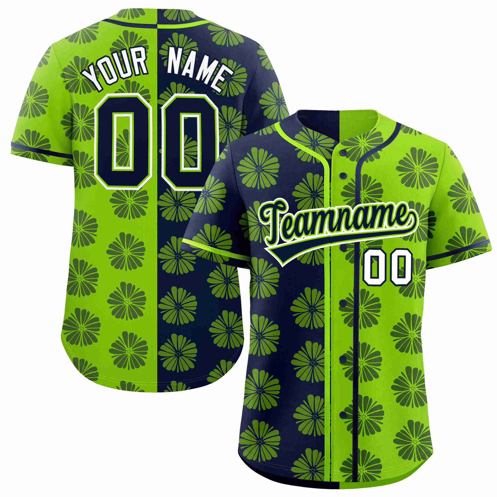 Custom Navy Neon Green Split Fashion Flower Graffiti Pattern Authentic Baseball Jersey