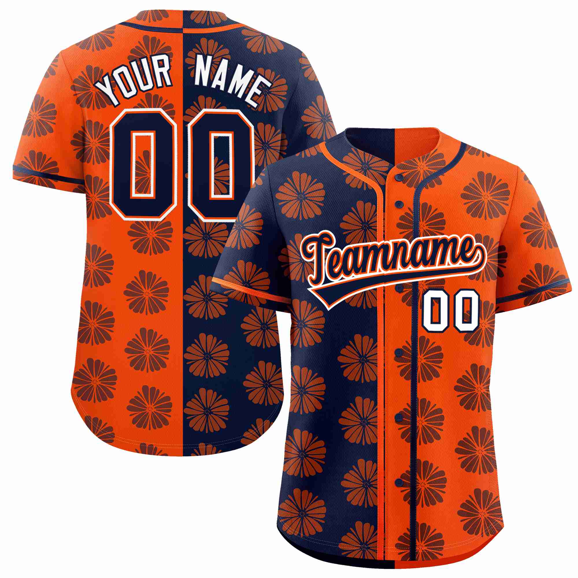 Custom Navy Orange Split Fashion Flower Graffiti Pattern Authentic Baseball Jersey