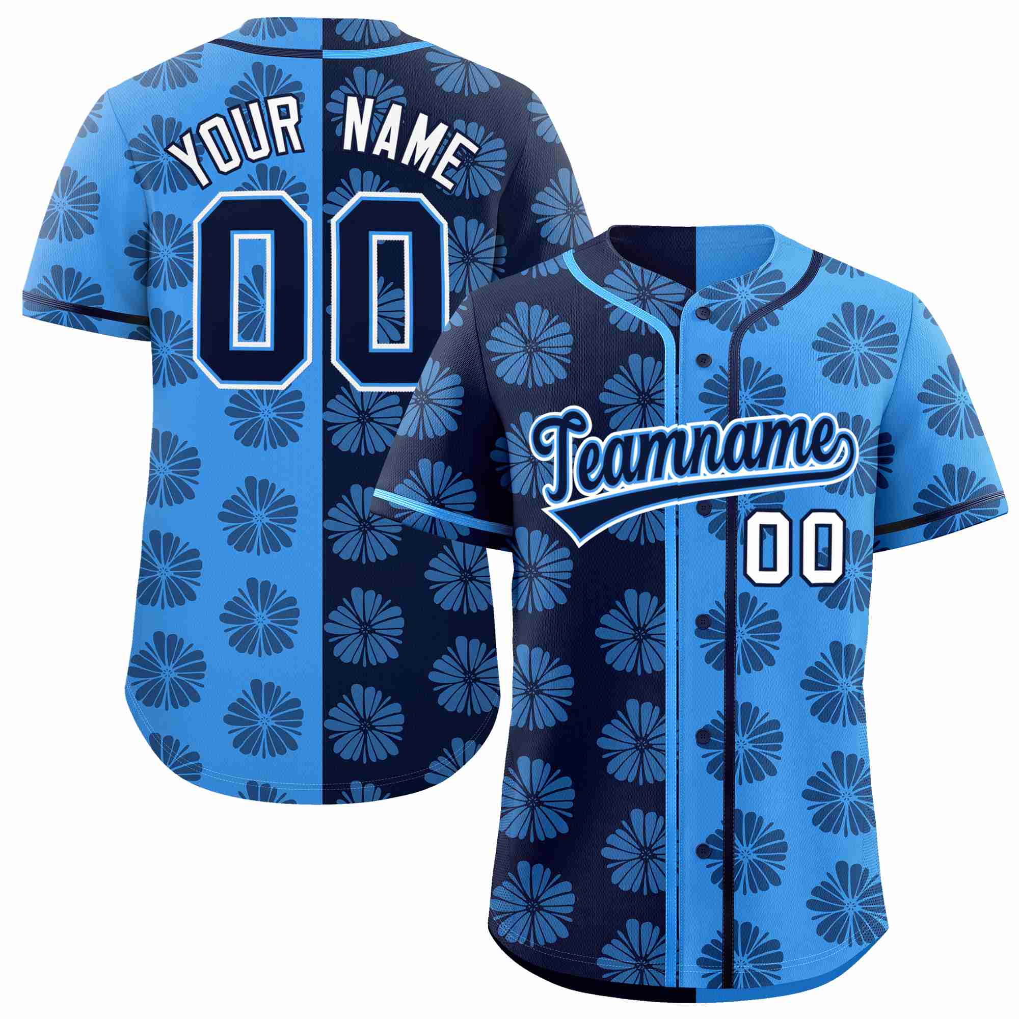 Custom Navy Powder Blue Split Fashion Flower Graffiti Pattern Authentic Baseball Jersey