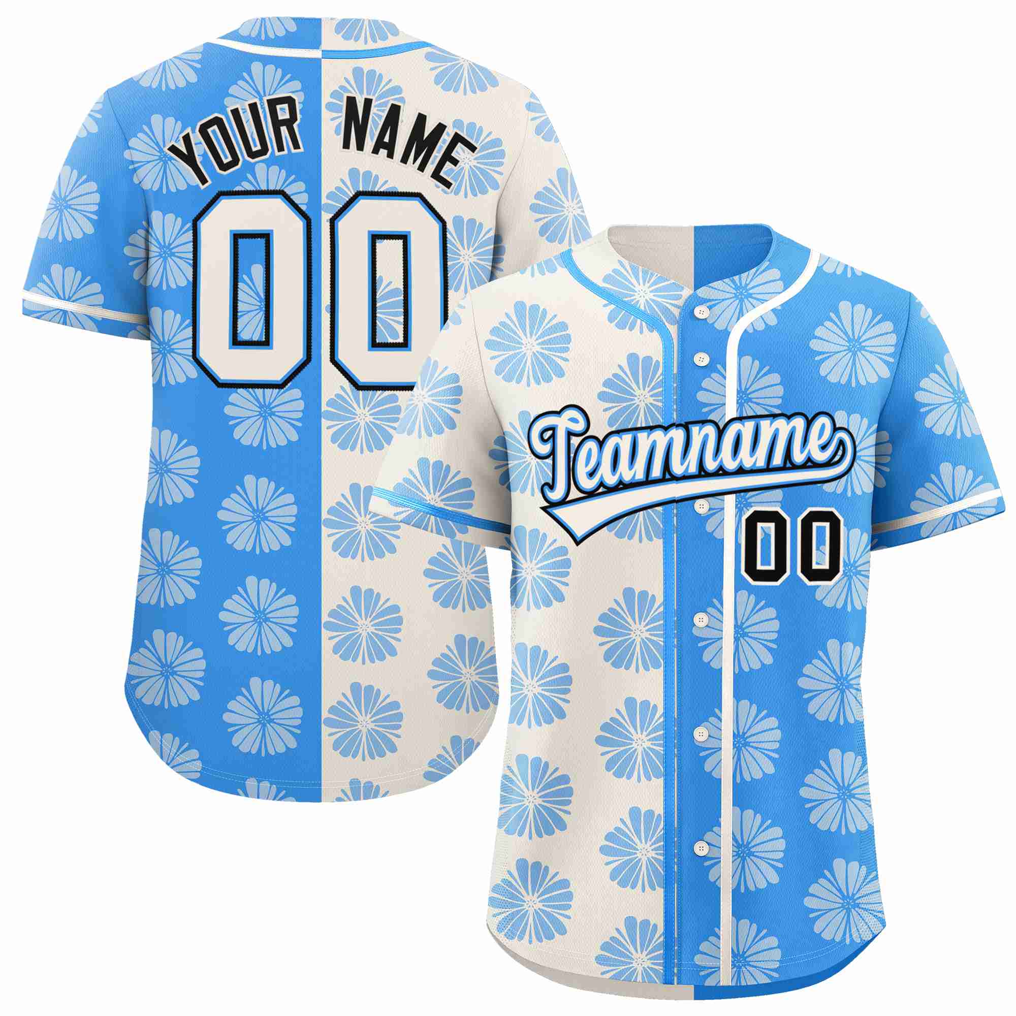 Custom Cream Powder Blue Split Fashion Flower Graffiti Pattern Authentic Baseball Jersey