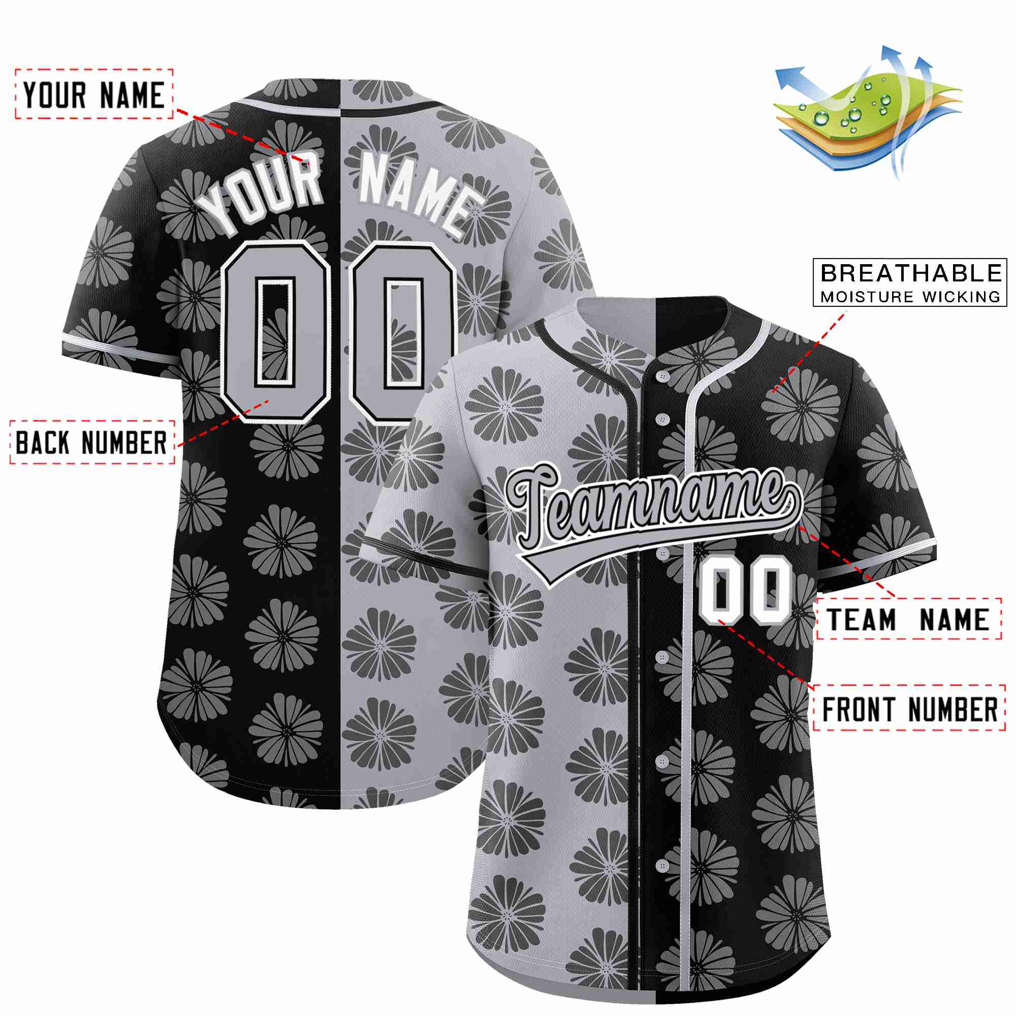 Custom Light Gray Black Split Fashion Flower Graffiti Pattern Authentic Baseball Jersey