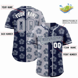 Custom Light Gray Navy Split Fashion Flower Graffiti Pattern Authentic Baseball Jersey