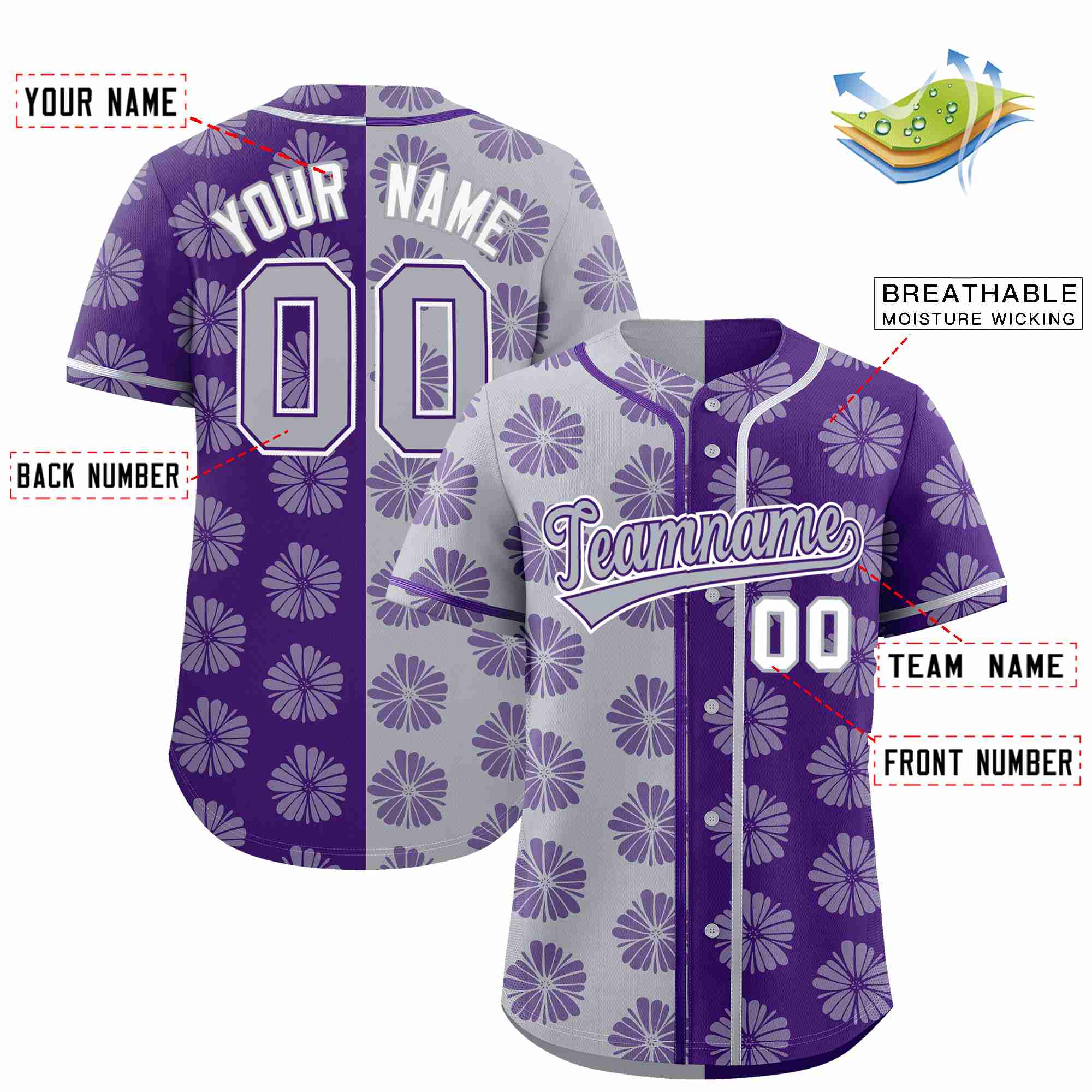 Custom Light Gray Purple Split Fashion Flower Graffiti Pattern Authentic Baseball Jersey