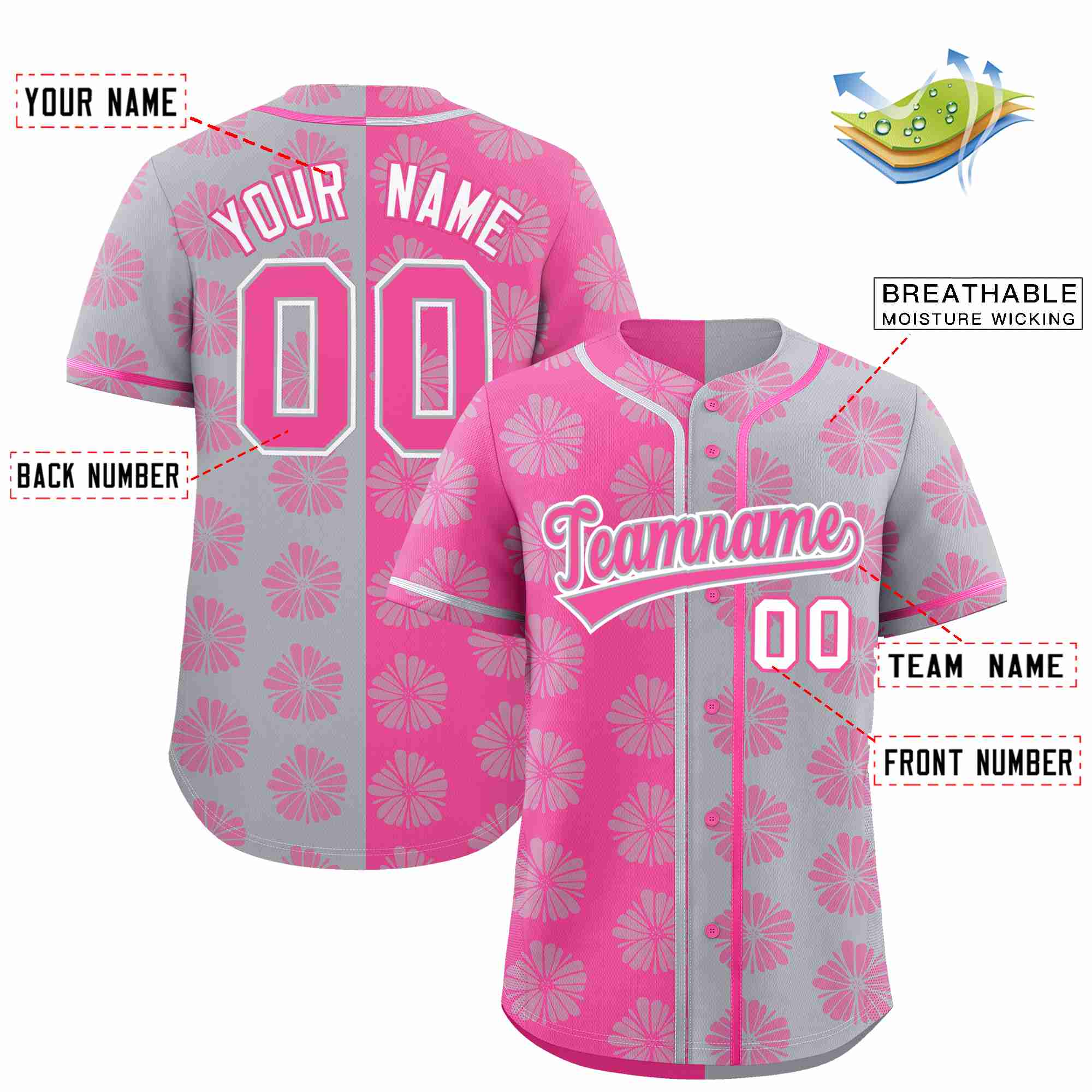 Custom Pink Light Gray Split Fashion Flower Graffiti Pattern Authentic Baseball Jersey