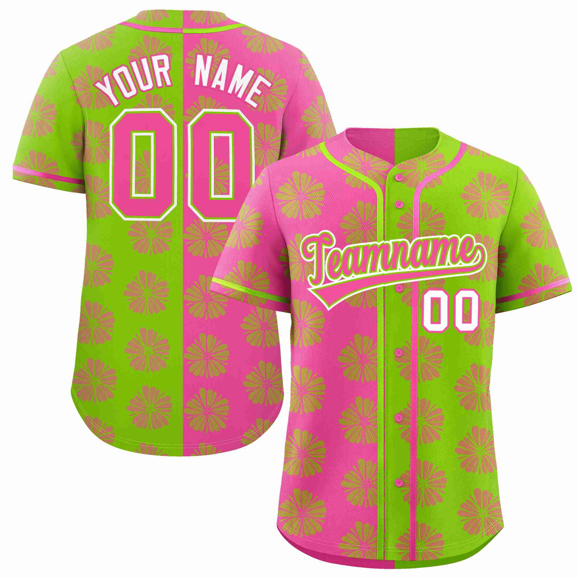 Custom Pink Neon Green Split Fashion Flower Graffiti Pattern Authentic Baseball Jersey