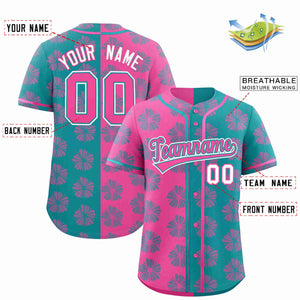 Custom Pink Aqua Split Fashion Flower Graffiti Pattern Authentic Baseball Jersey