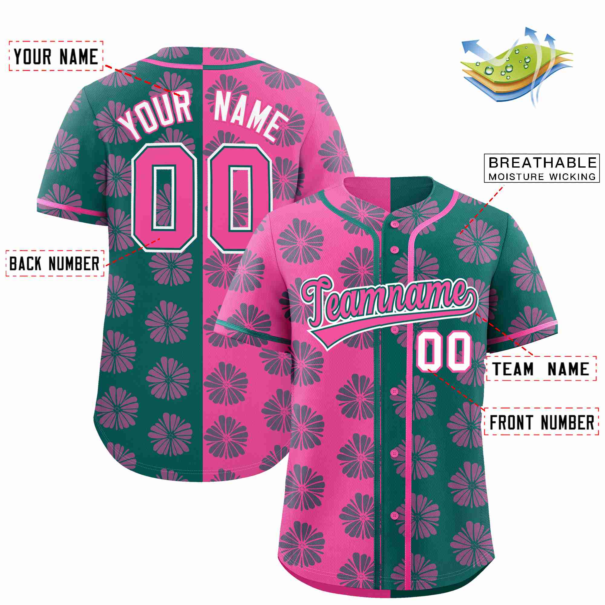 Custom Pink Aqua Split Fashion Flower Graffiti Pattern Authentic Baseball Jersey