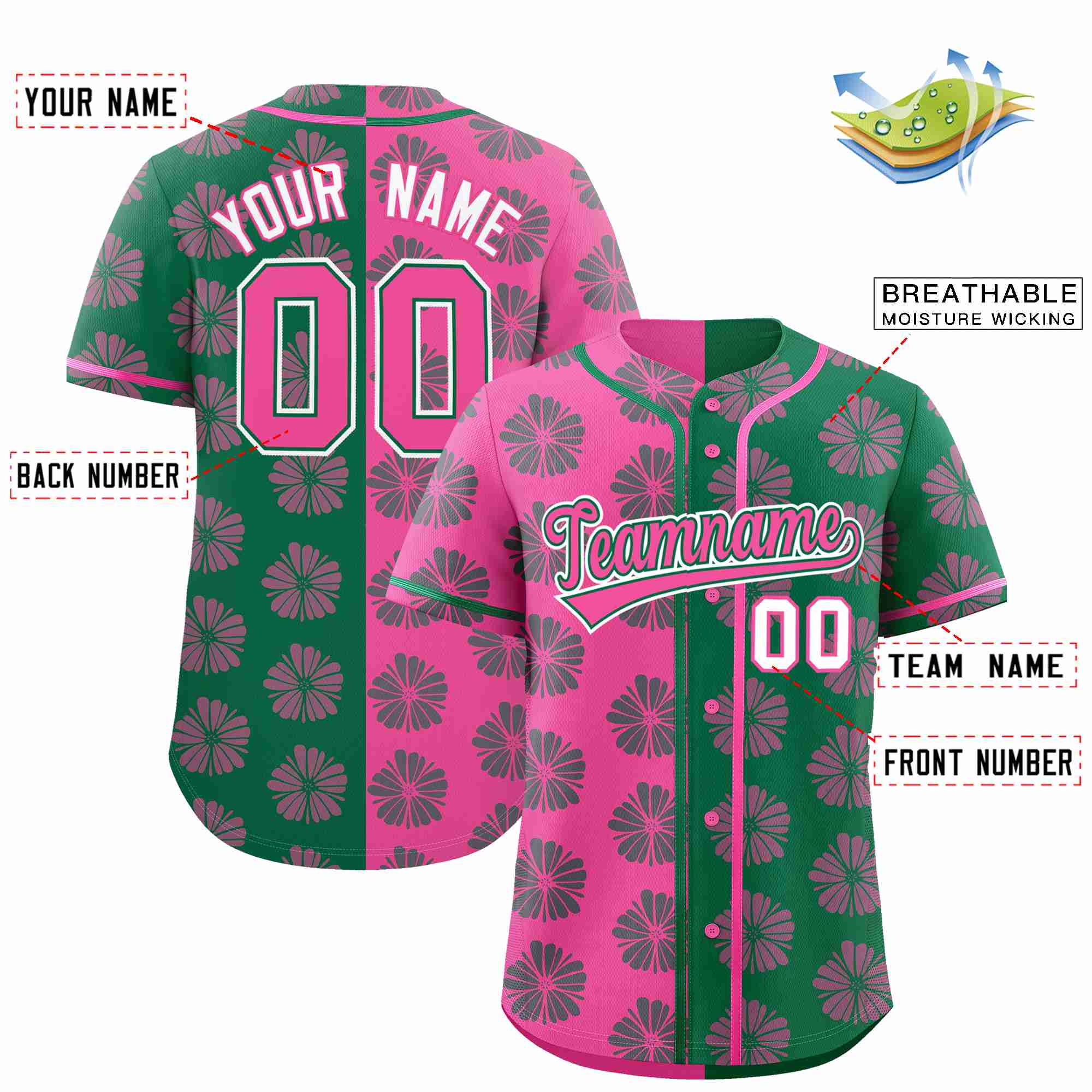 Custom Pink Kelly Green Split Fashion Flower Graffiti Pattern Authentic Baseball Jersey