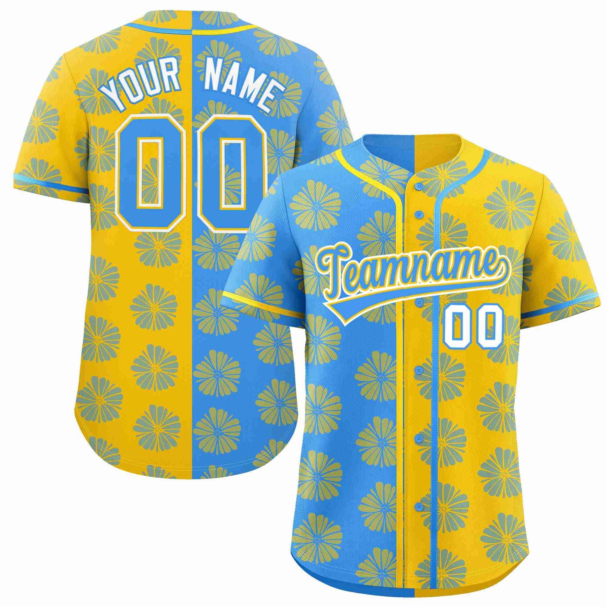 Custom Powder Blue Gold Split Fashion Flower Graffiti Pattern Authentic Baseball Jersey