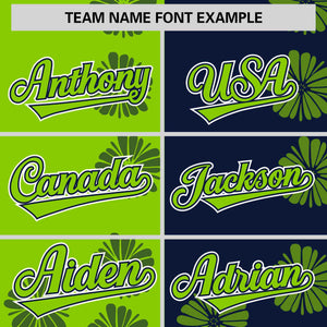 Custom Neon Green Navy Split Fashion Flower Graffiti Pattern Authentic Baseball Jersey