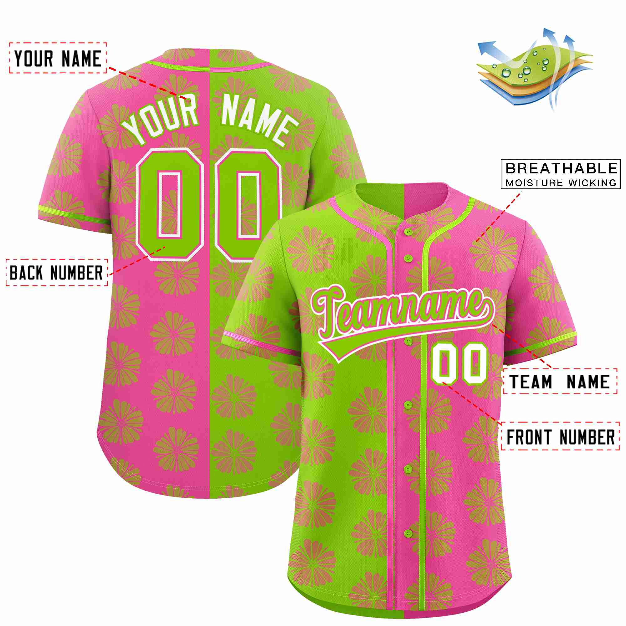 Custom Neon Green Pink Split Fashion Flower Graffiti Pattern Authentic Baseball Jersey