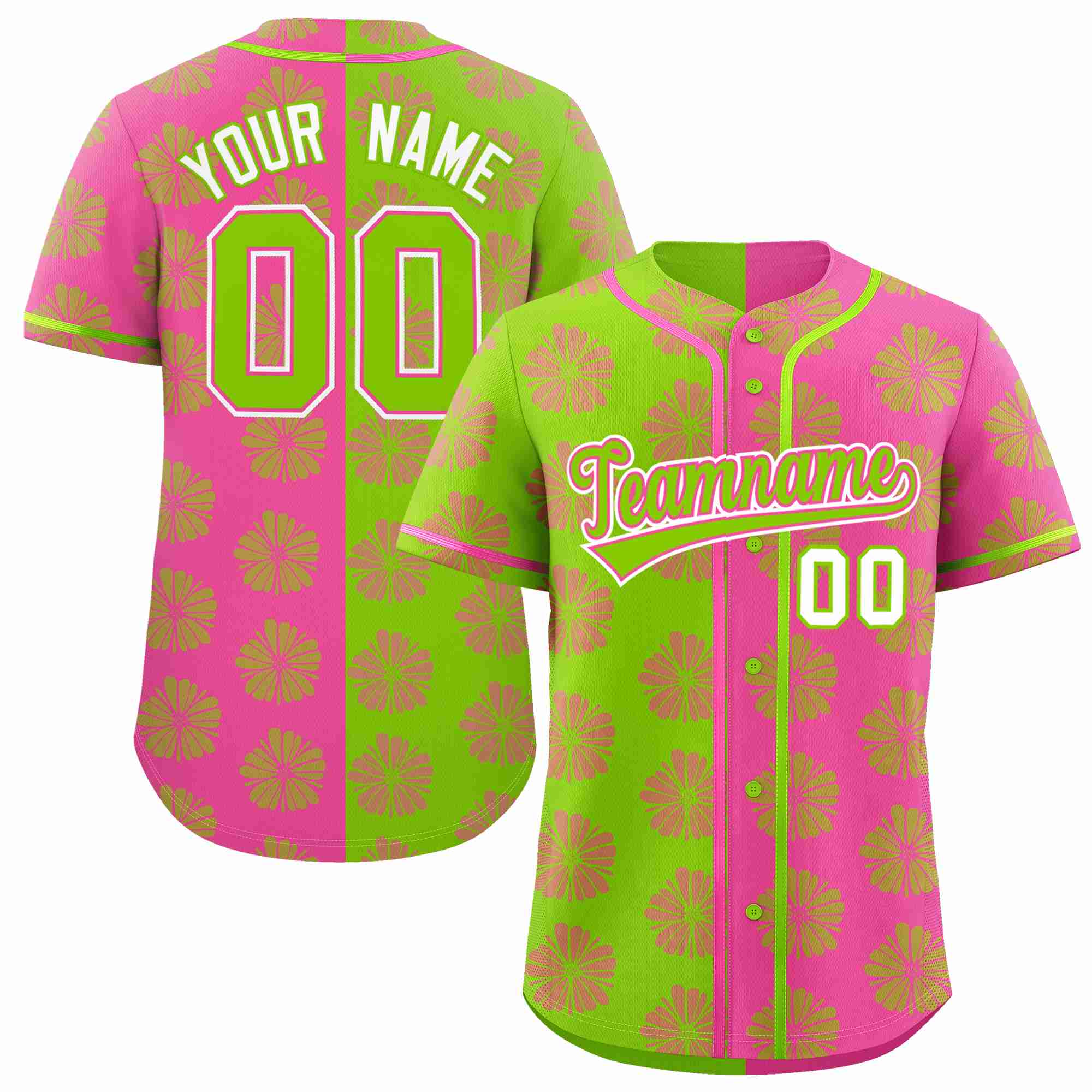 Custom Neon Green Pink Split Fashion Flower Graffiti Pattern Authentic Baseball Jersey