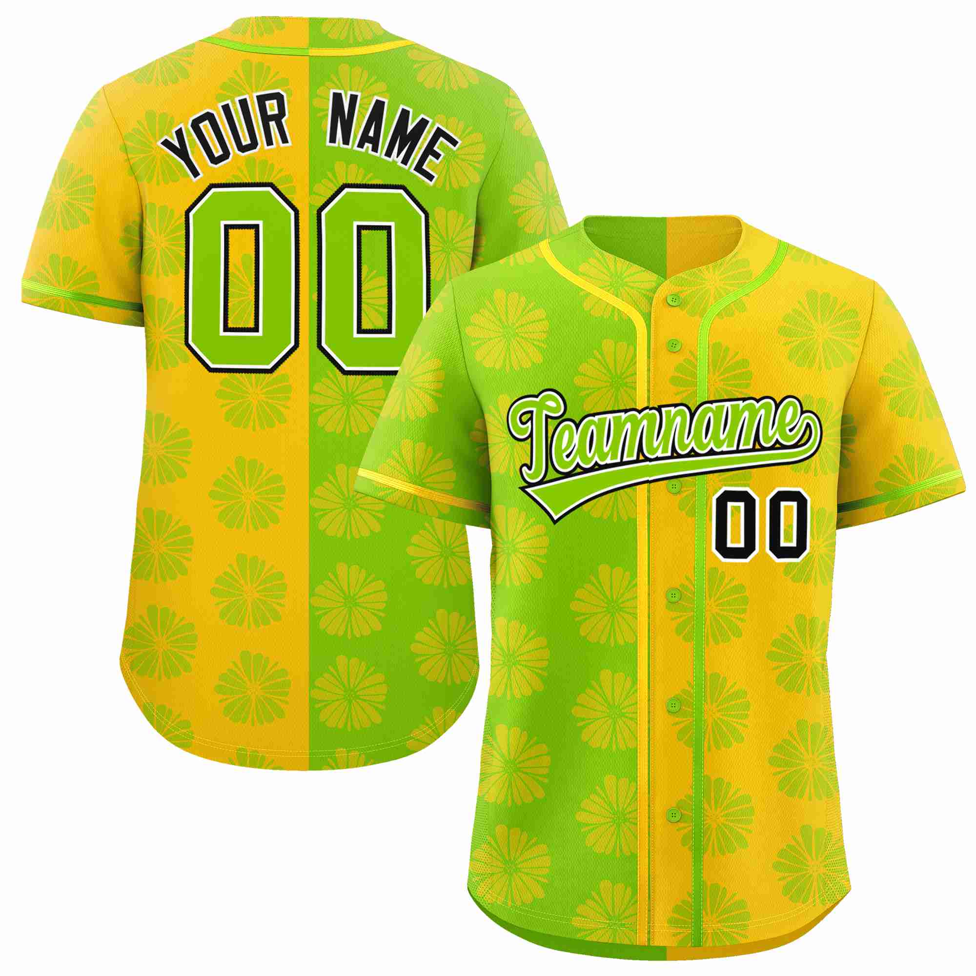 Custom Neon Green Gold Split Fashion Flower Graffiti Pattern Authentic Baseball Jersey