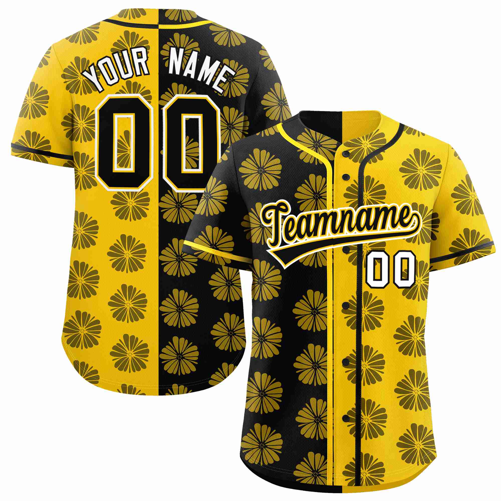 Custom Black Gold Split Fashion Flower Graffiti Pattern Authentic Baseball Jersey