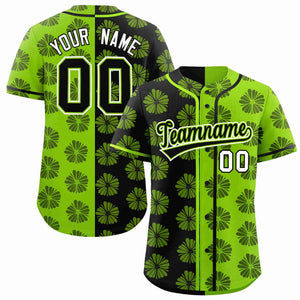 Custom Black Neon Green Split Fashion Flower Graffiti Pattern Authentic Baseball Jersey