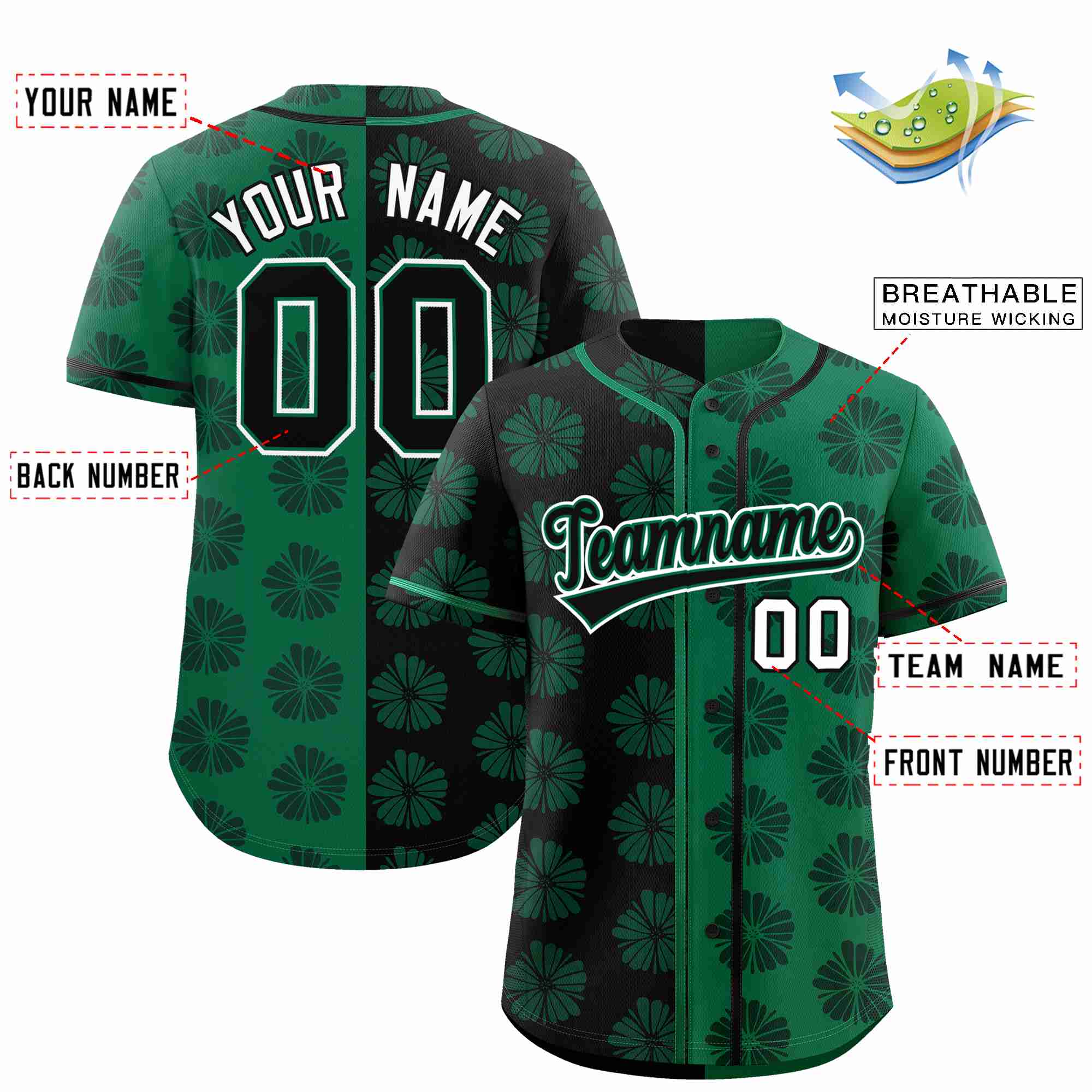 Maillot de Baseball personnalisé noir Kelly vert fendu, motif fleur Graffiti, authentique