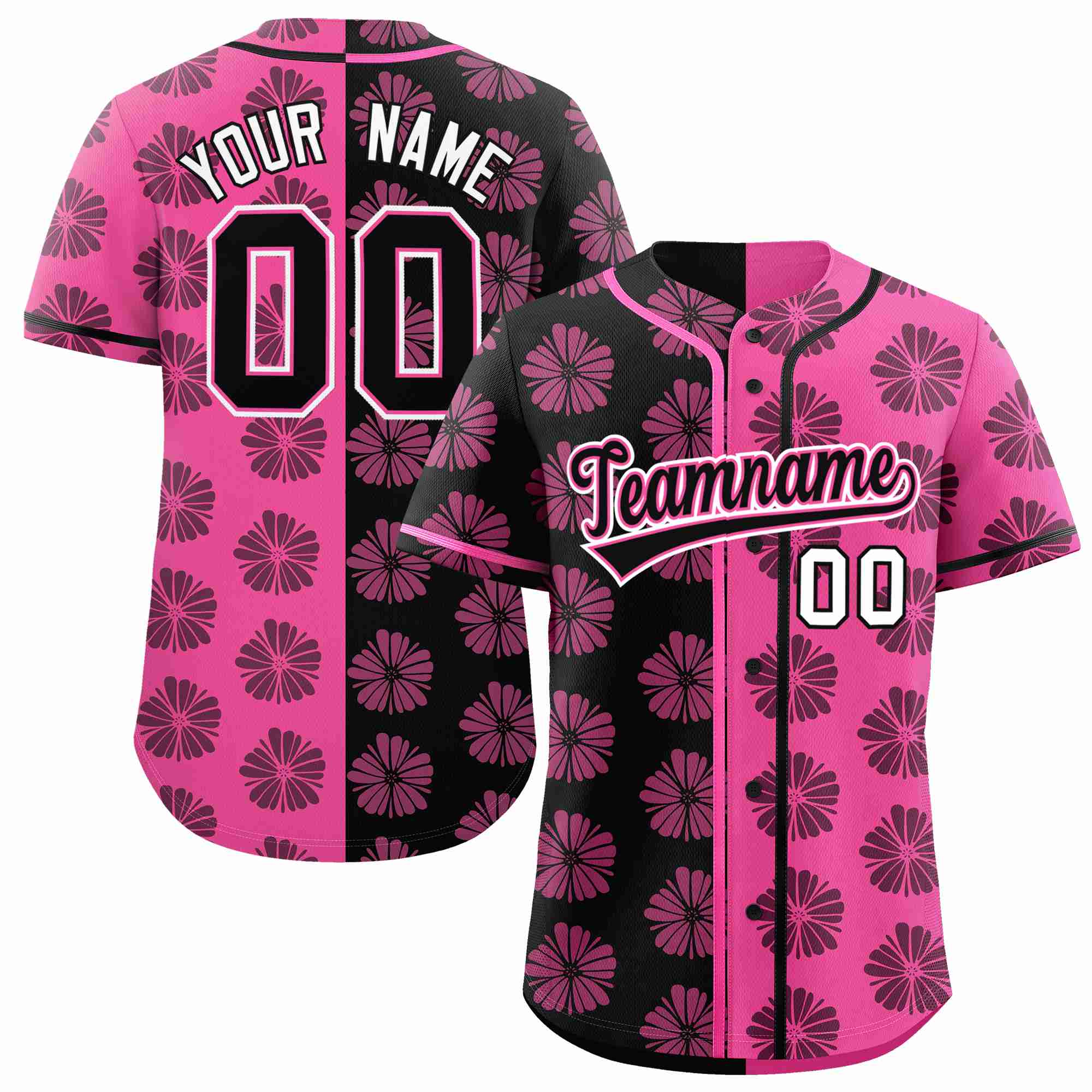 Custom Black Pink Split Fashion Flower Graffiti Pattern Authentic Baseball Jersey