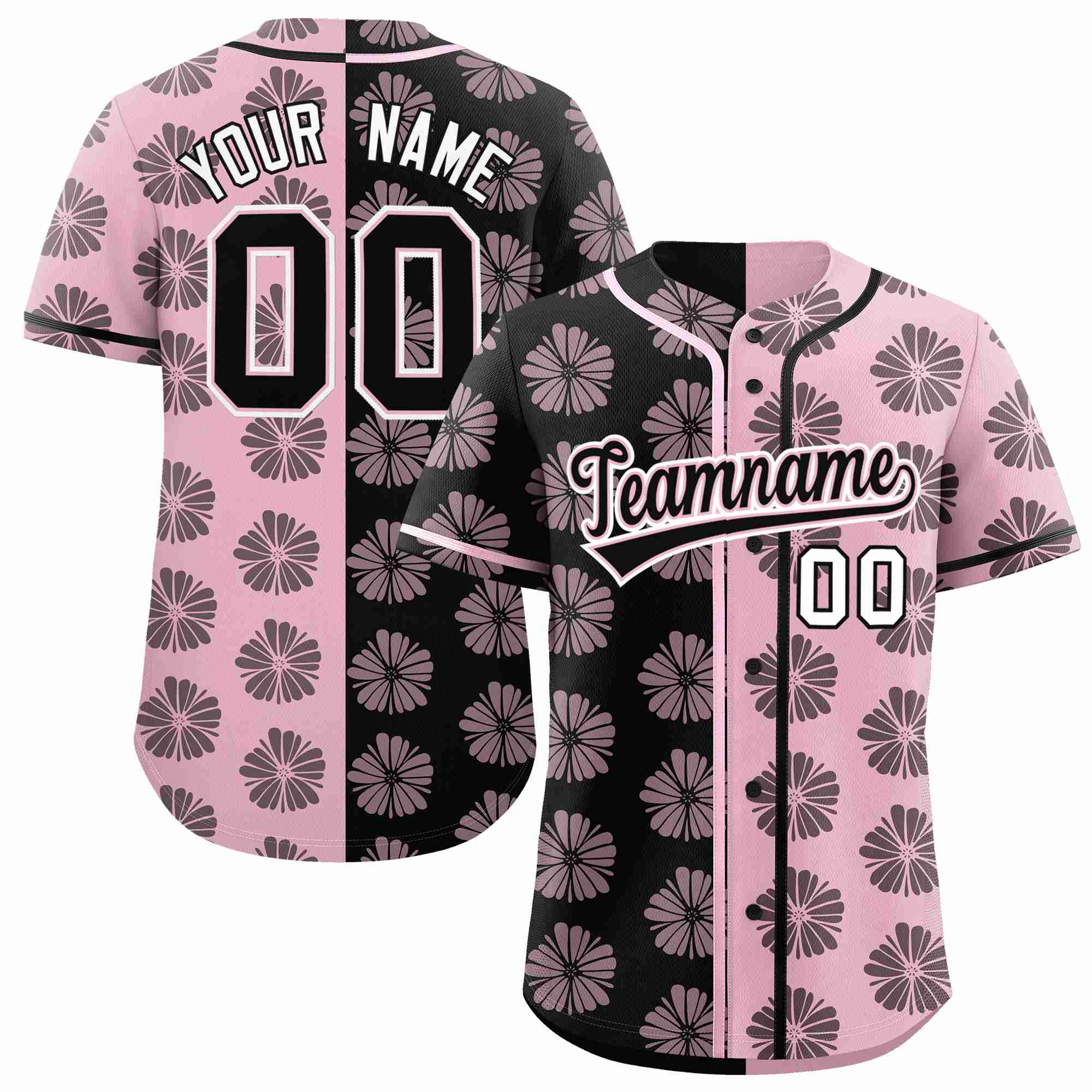 Custom Black Light Pink Split Fashion Flower Graffiti Pattern Authentic Baseball Jersey