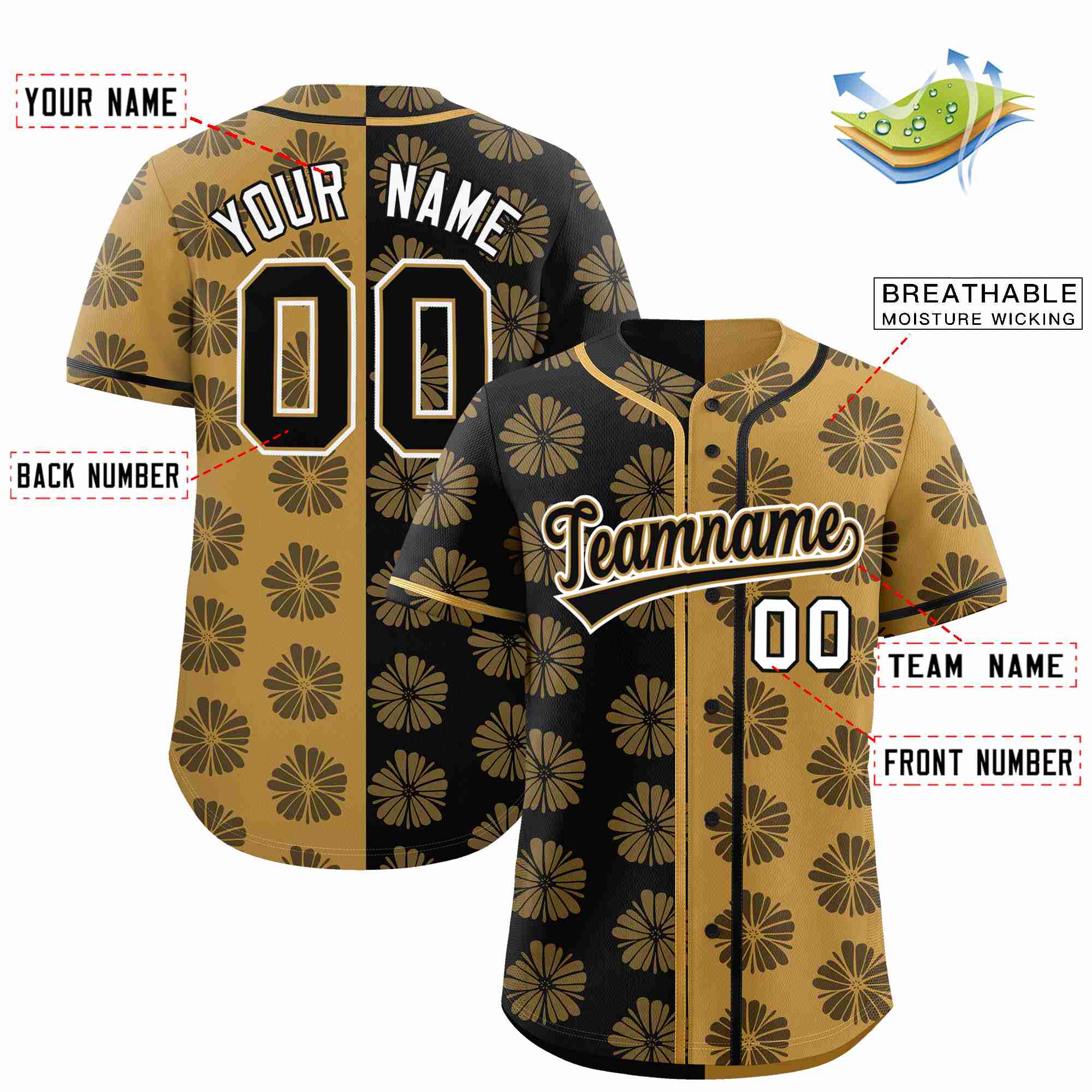 Custom Black Old Gold Split Fashion Flower Graffiti Pattern Authentic Baseball Jersey