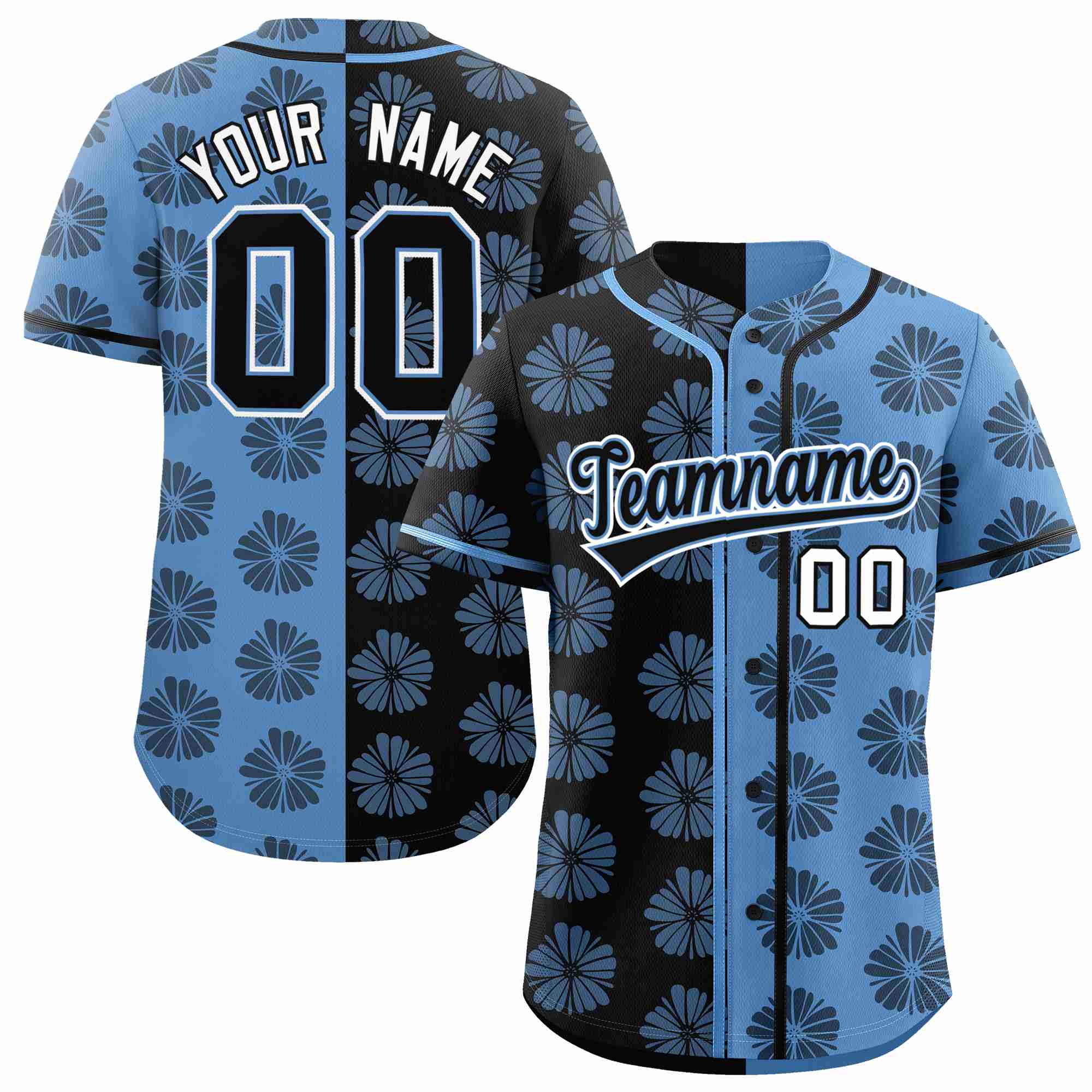 Custom Black Light Blue Split Fashion Flower Graffiti Pattern Authentic Baseball Jersey