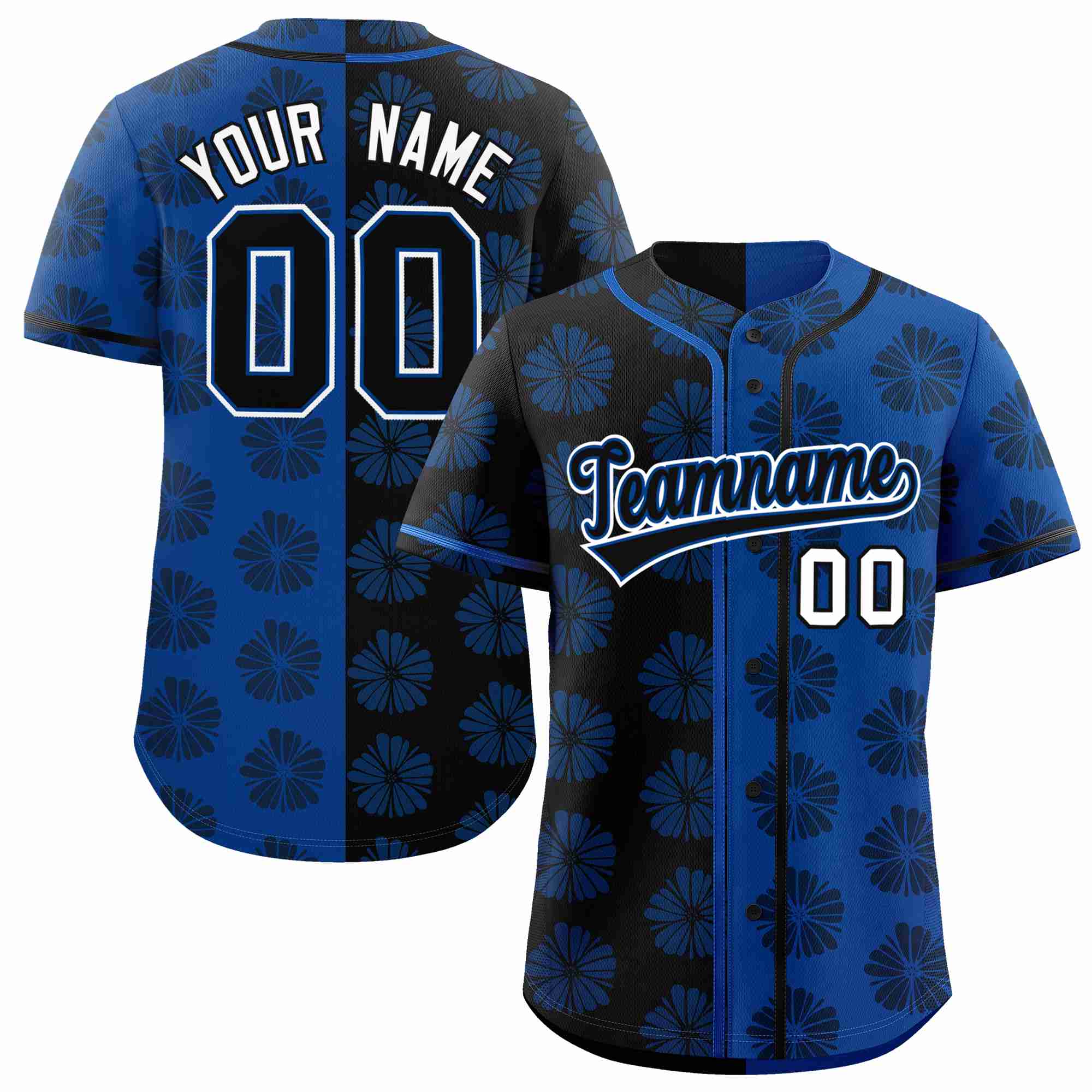 Custom Black Royal Split Fashion Flower Graffiti Pattern Authentic Baseball Jersey