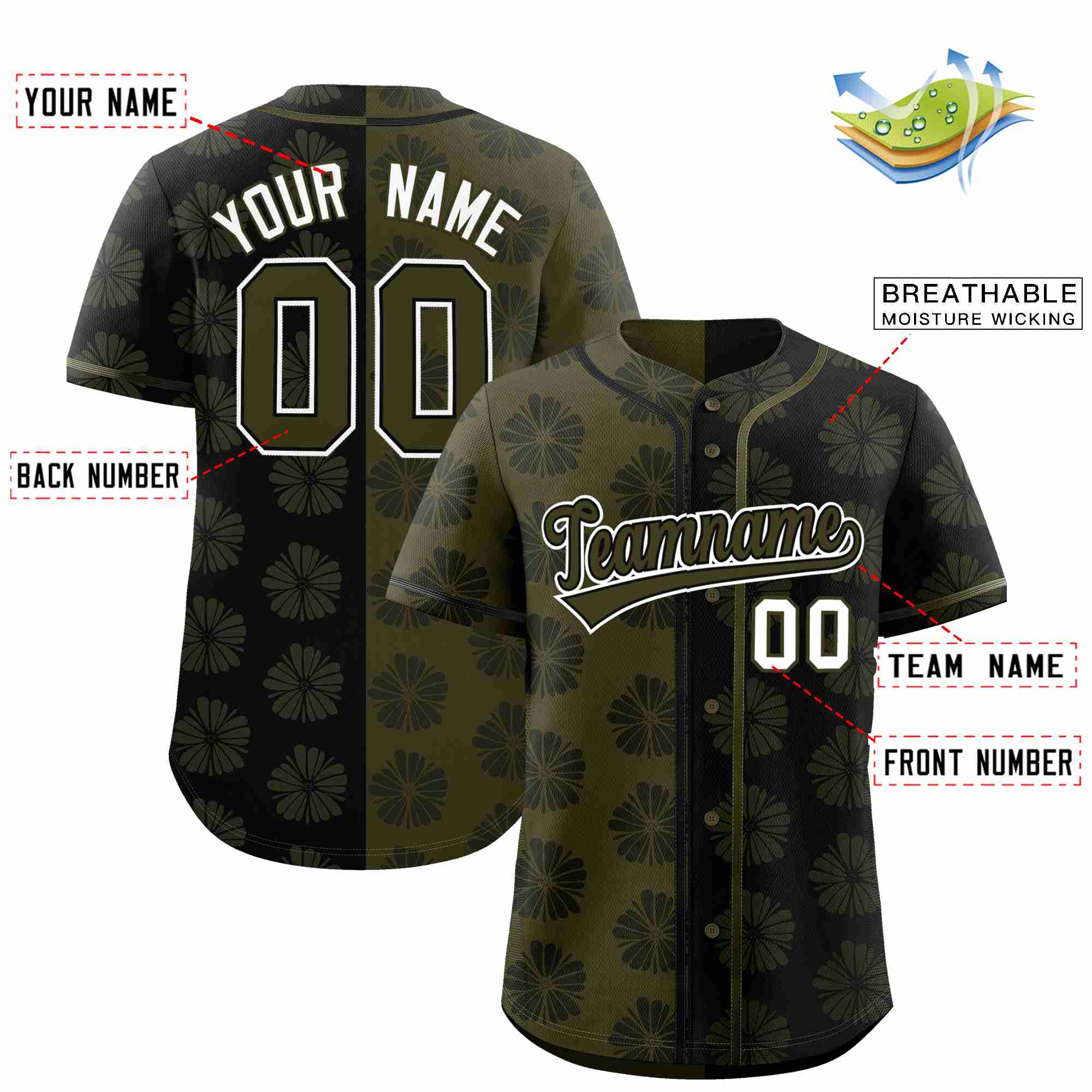 Custom Olive Black Split Fashion Flower Graffiti Pattern Authentic Baseball Jersey