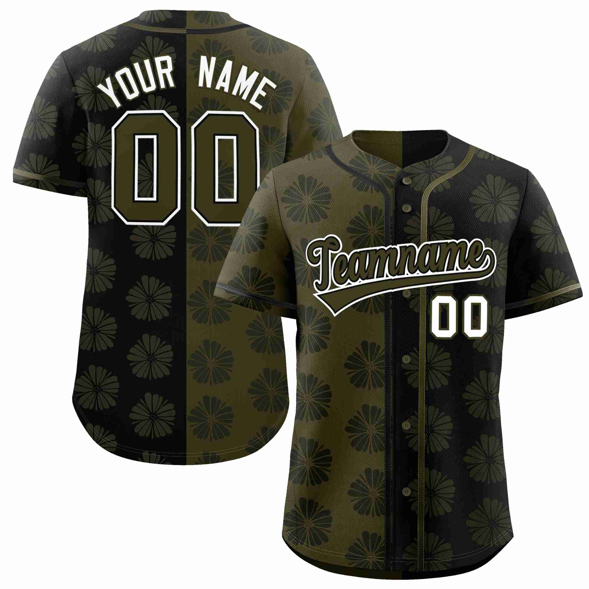 Custom Olive Black Split Fashion Flower Graffiti Pattern Authentic Baseball Jersey