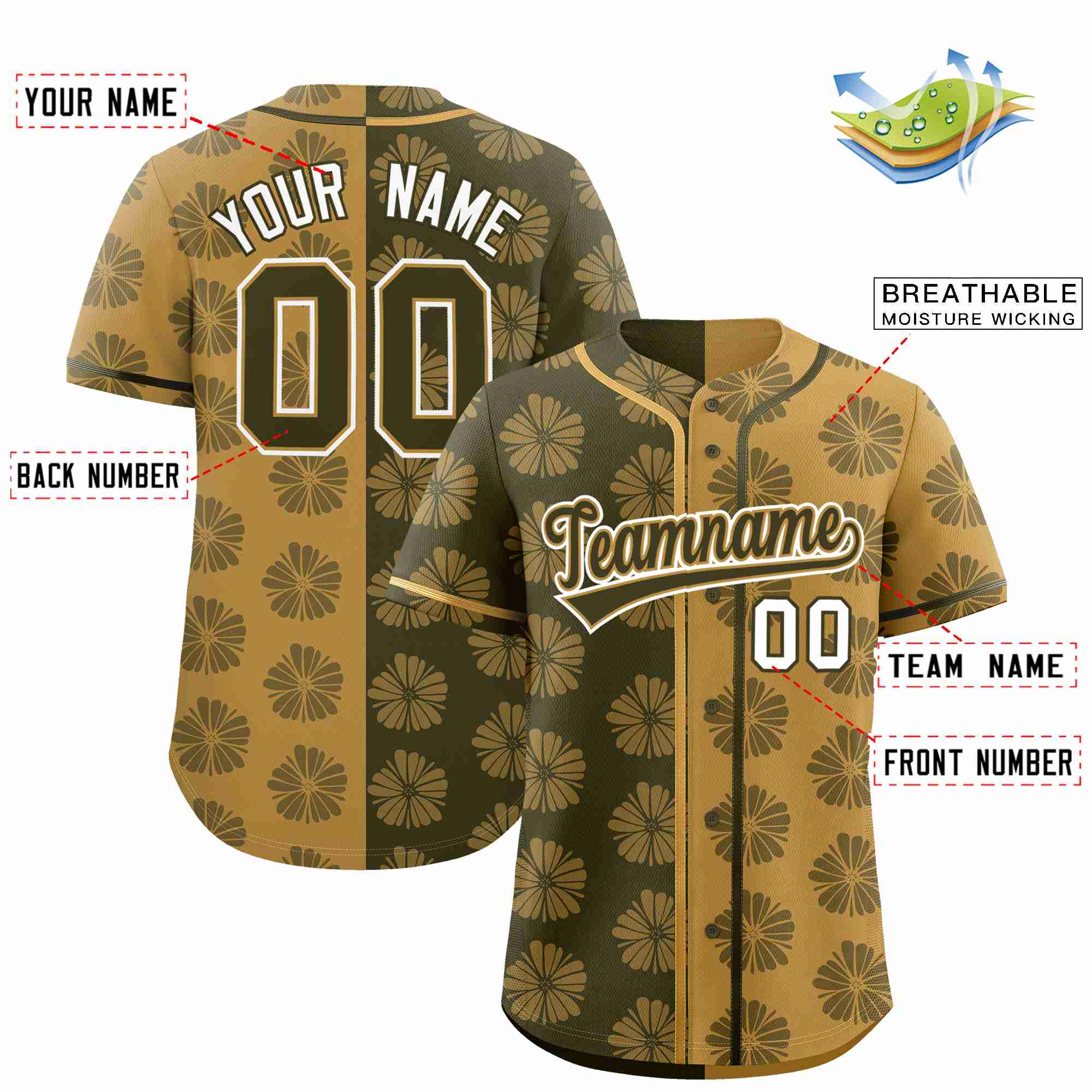 Custom Olive Old Gold Split Fashion Flower Graffiti Pattern Authentic Baseball Jersey