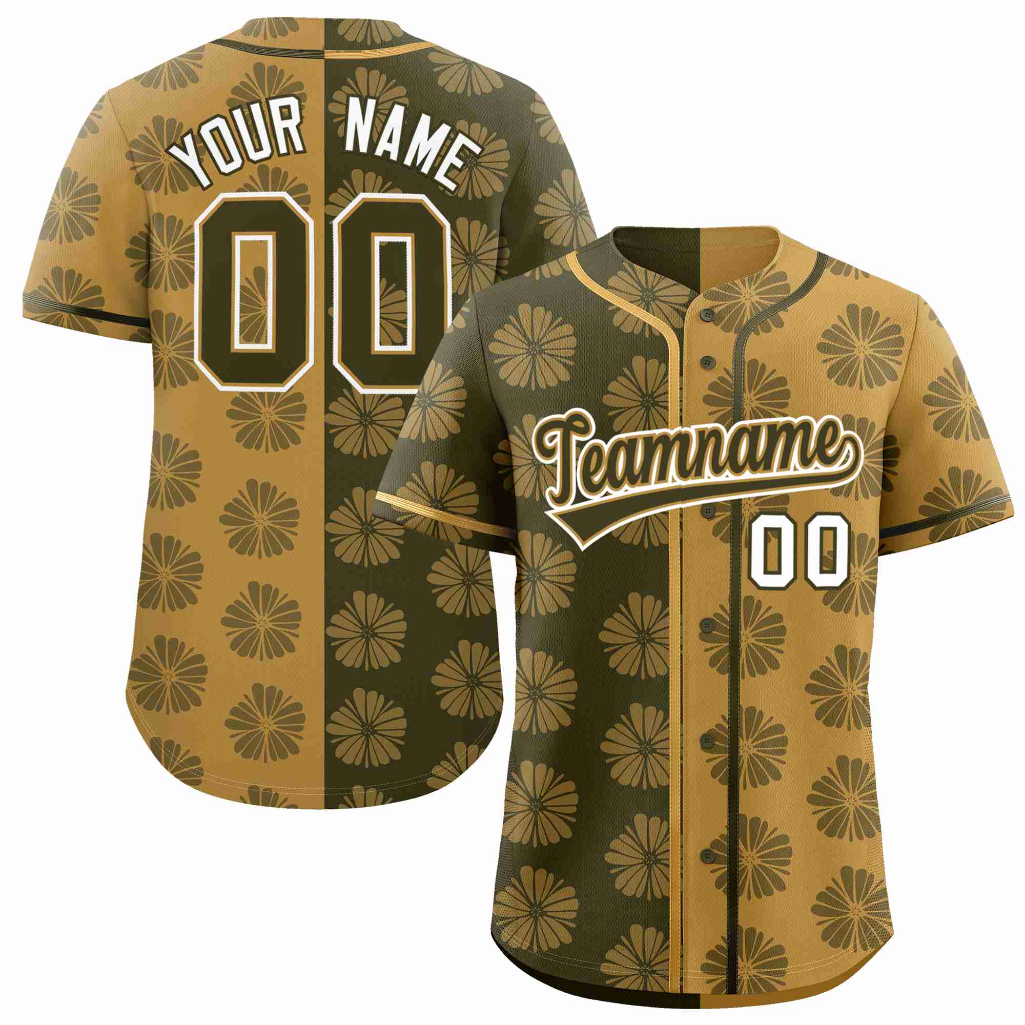 Custom Olive Old Gold Split Fashion Flower Graffiti Pattern Authentic Baseball Jersey