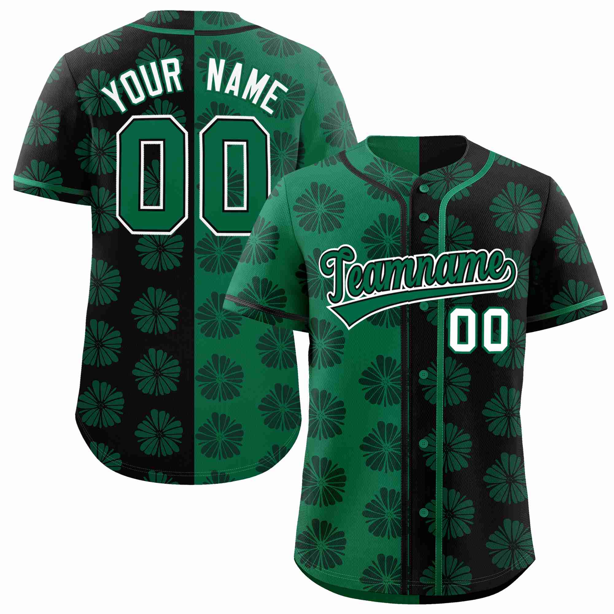 Custom Kelly Green Black Split Fashion Flower Graffiti Pattern Authentic Baseball Jersey