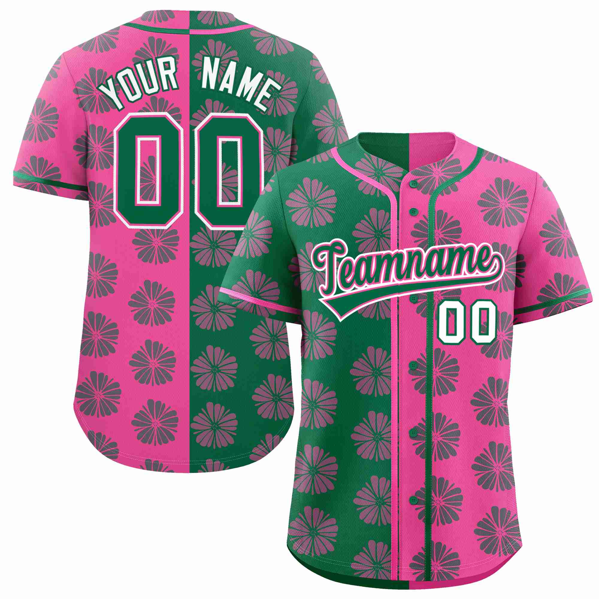 Custom Kelly Green Pink Split Fashion Flower Graffiti Pattern Authentic Baseball Jersey