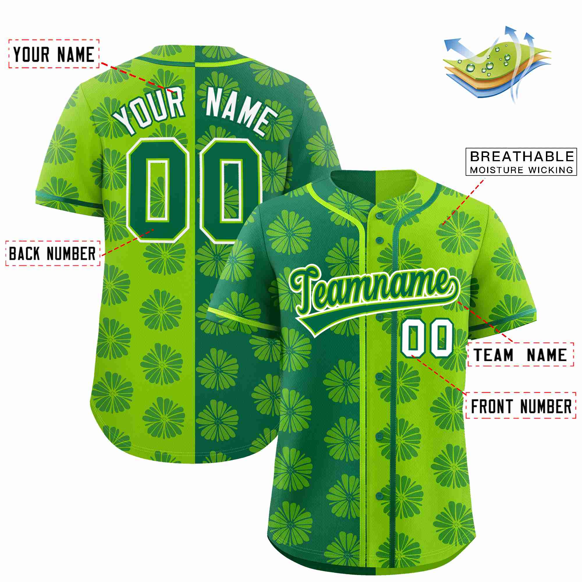 Custom Kelly Green Neon Green Split Fashion Flower Graffiti Pattern Authentic Baseball Jersey