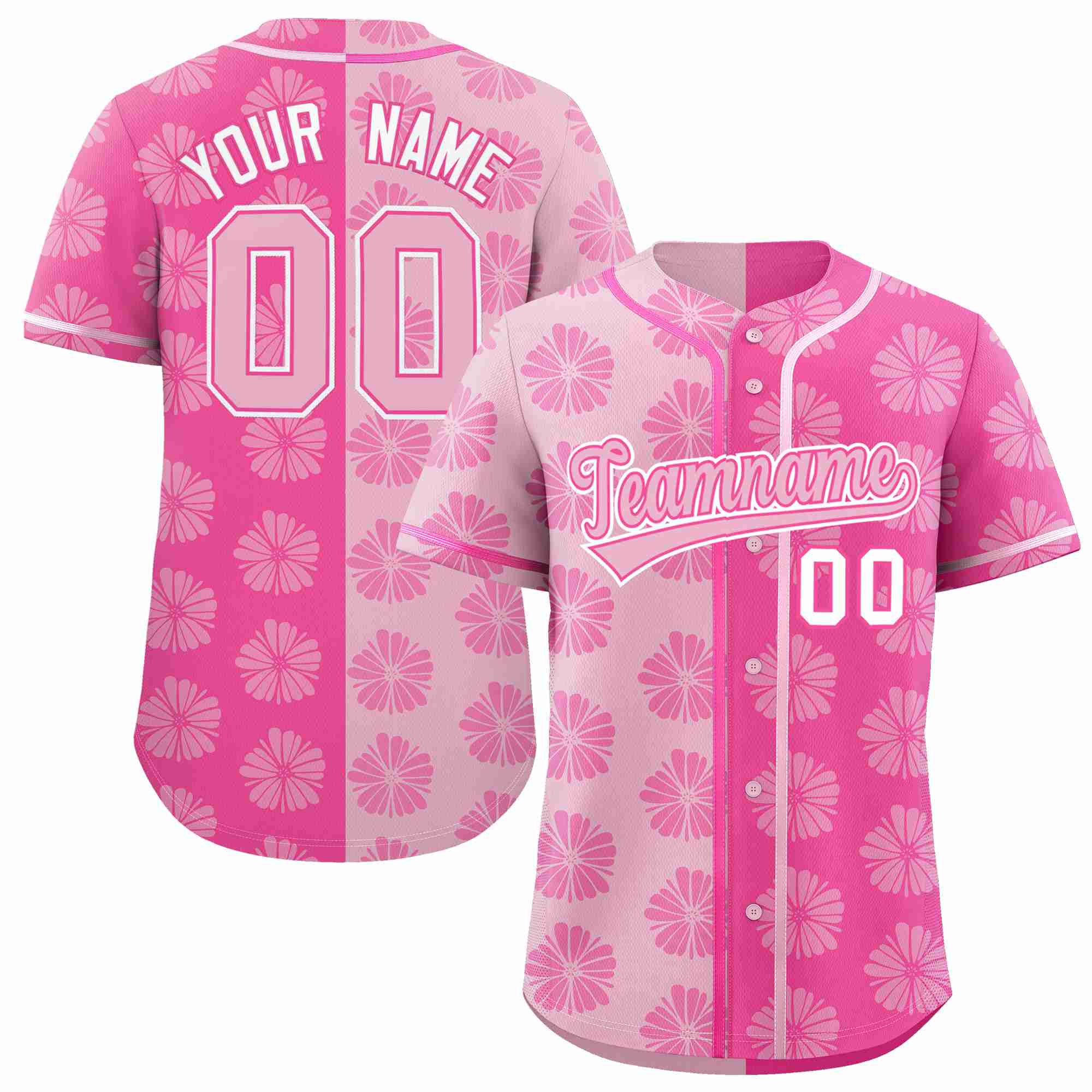 Custom Light Pink Pink Split Fashion Flower Graffiti Pattern Authentic Baseball Jersey