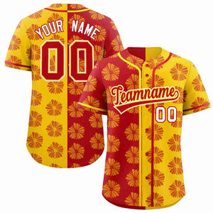 Custom Red Gold Split Fashion Flower Graffiti Pattern Authentic Baseball Jersey