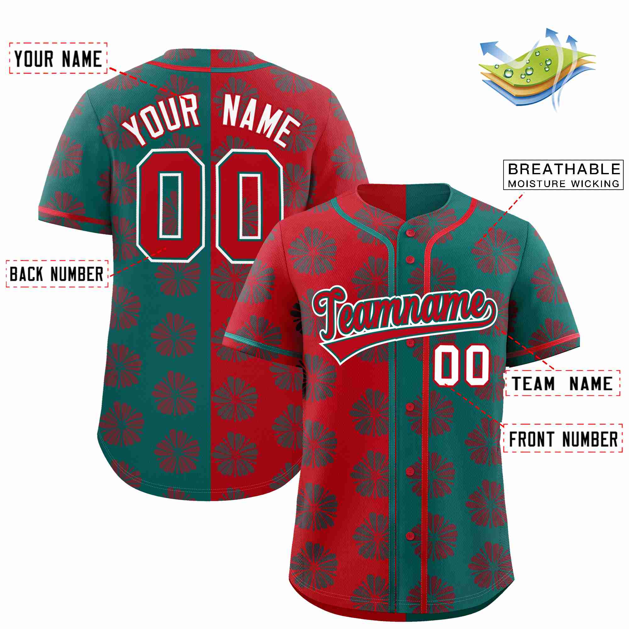 Custom Red Aqua Split Fashion Flower Graffiti Pattern Authentic Baseball Jersey