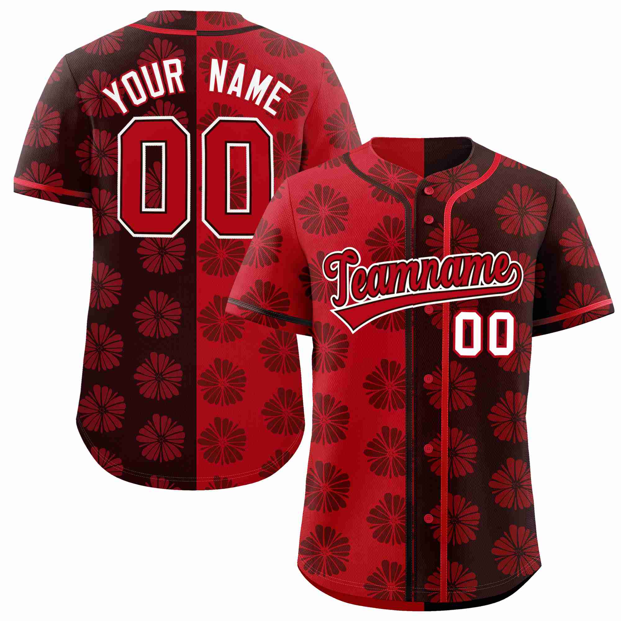 Custom Red Brown Split Fashion Flower Graffiti Pattern Authentic Baseball Jersey