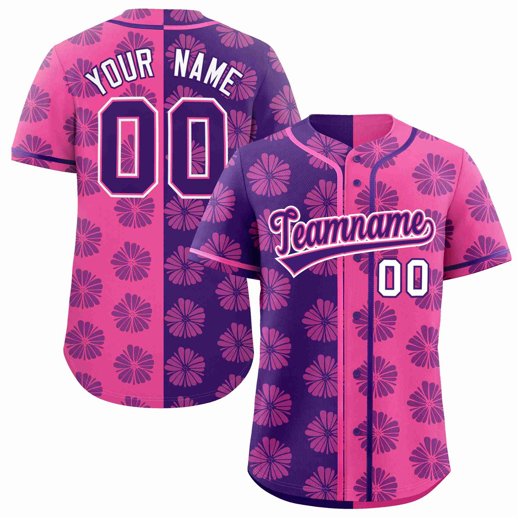 Custom Purple Pink Split Fashion Flower Graffiti Pattern Authentic Baseball Jersey