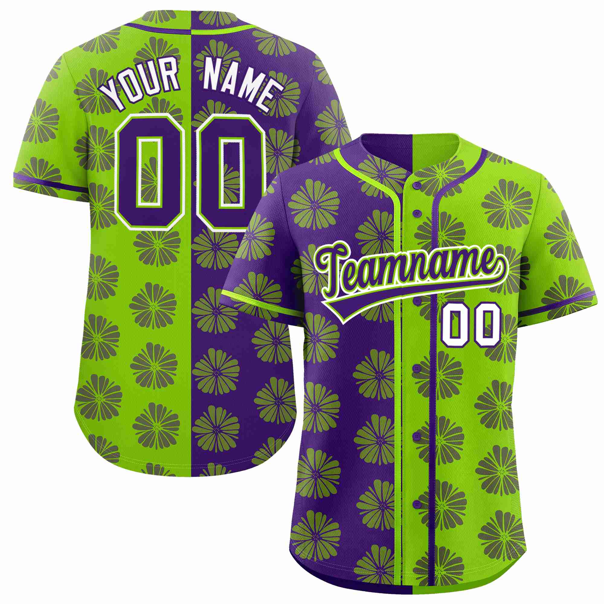 Custom Purple Neon Green Split Fashion Flower Graffiti Pattern Authentic Baseball Jersey