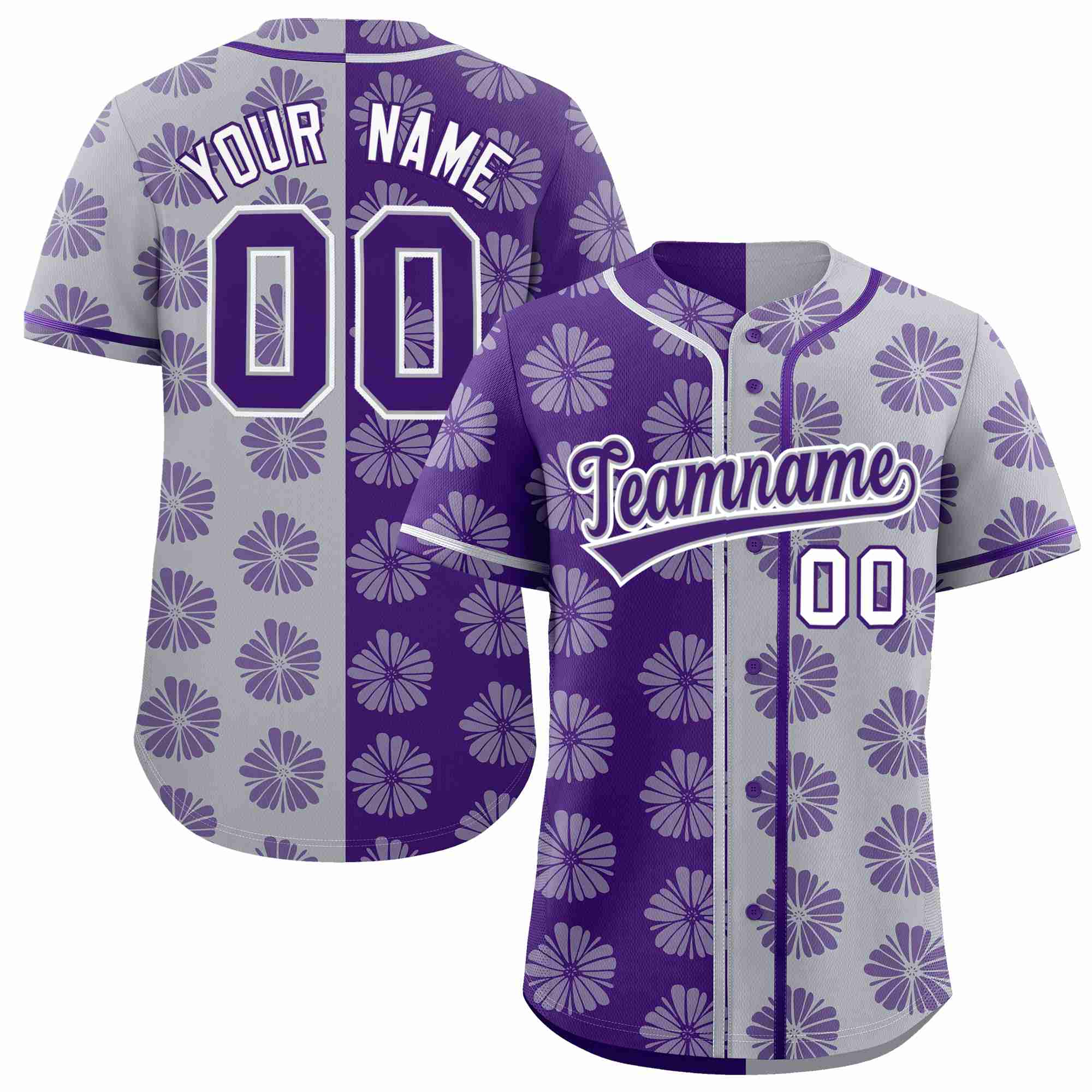 Custom Purple Light Gray Split Fashion Flower Graffiti Pattern Authentic Baseball Jersey