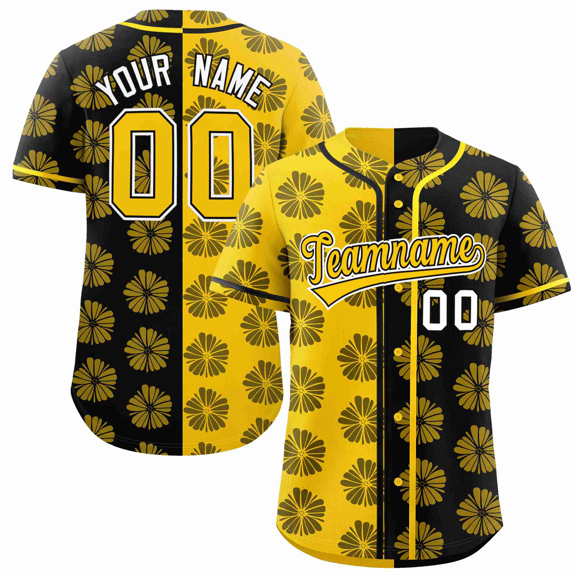 Custom Gold Black Split Fashion Flower Graffiti Pattern Authentic Baseball Jersey