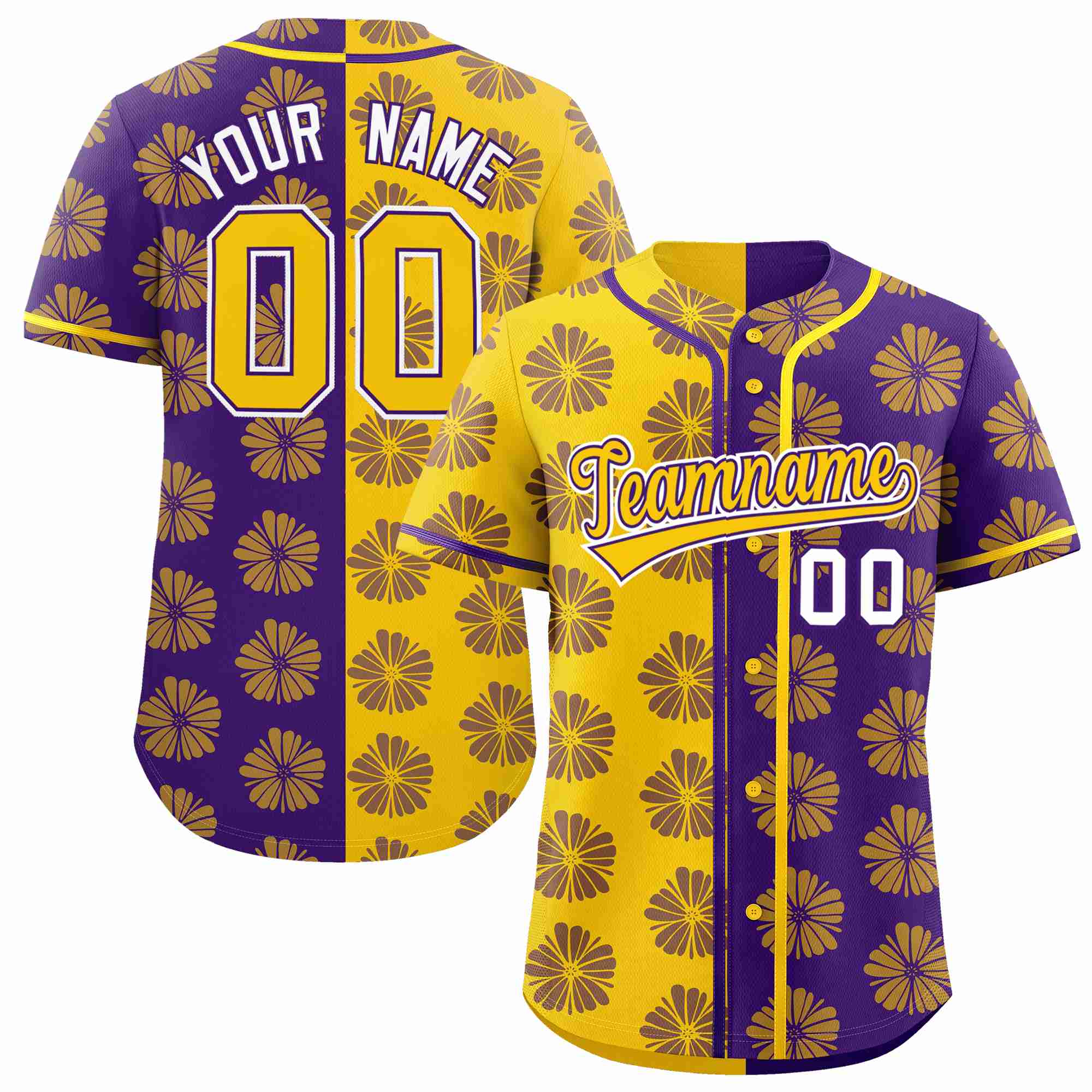 Custom Gold Purple Split Fashion Flower Graffiti Pattern Authentic Baseball Jersey