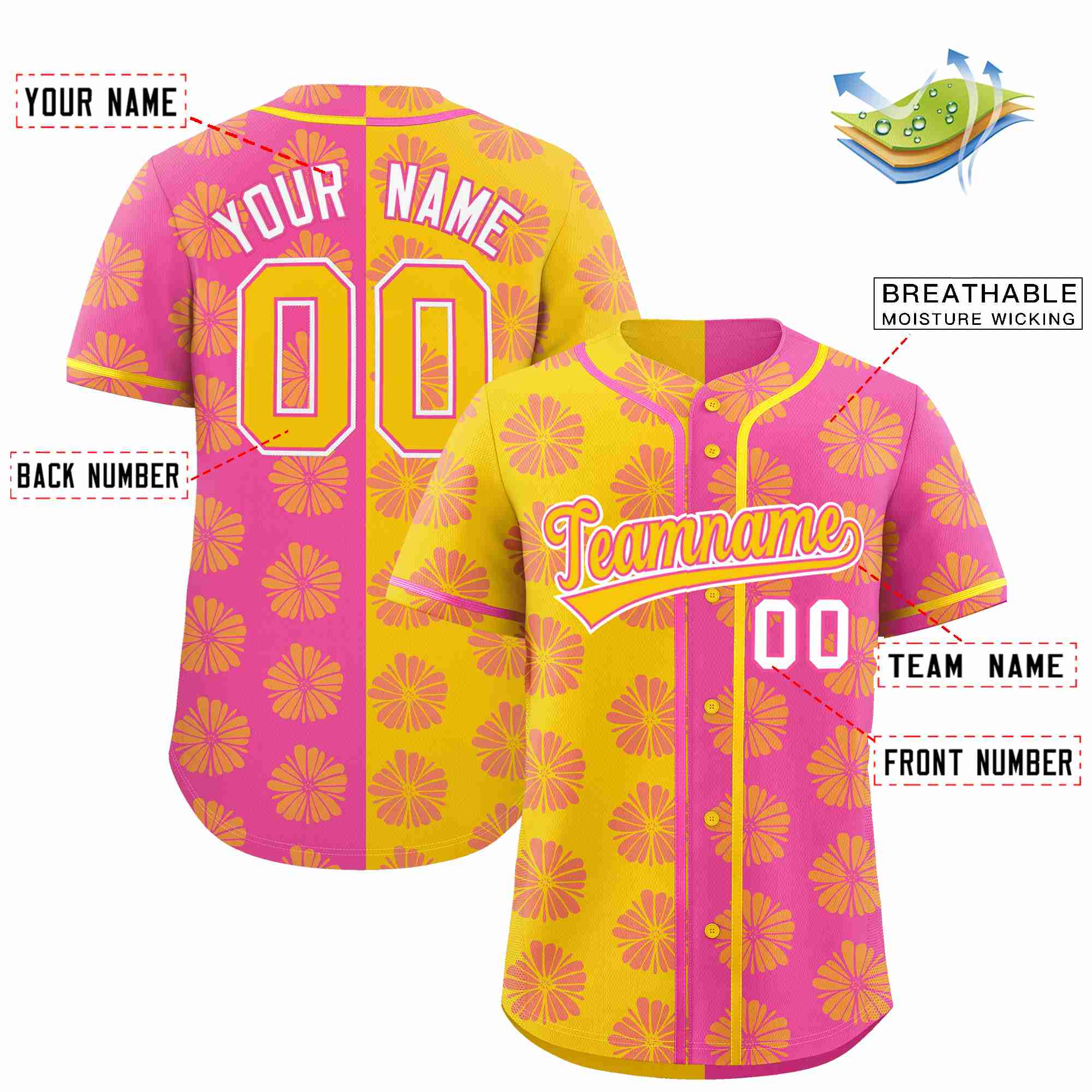 Custom Gold Pink Split Fashion Flower Graffiti Pattern Authentic Baseball Jersey