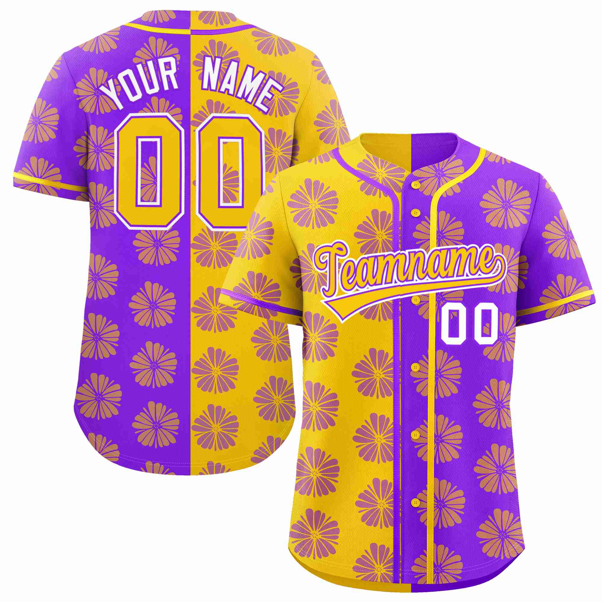 Custom Gold Purple Split Fashion Flower Graffiti Pattern Authentic Baseball Jersey