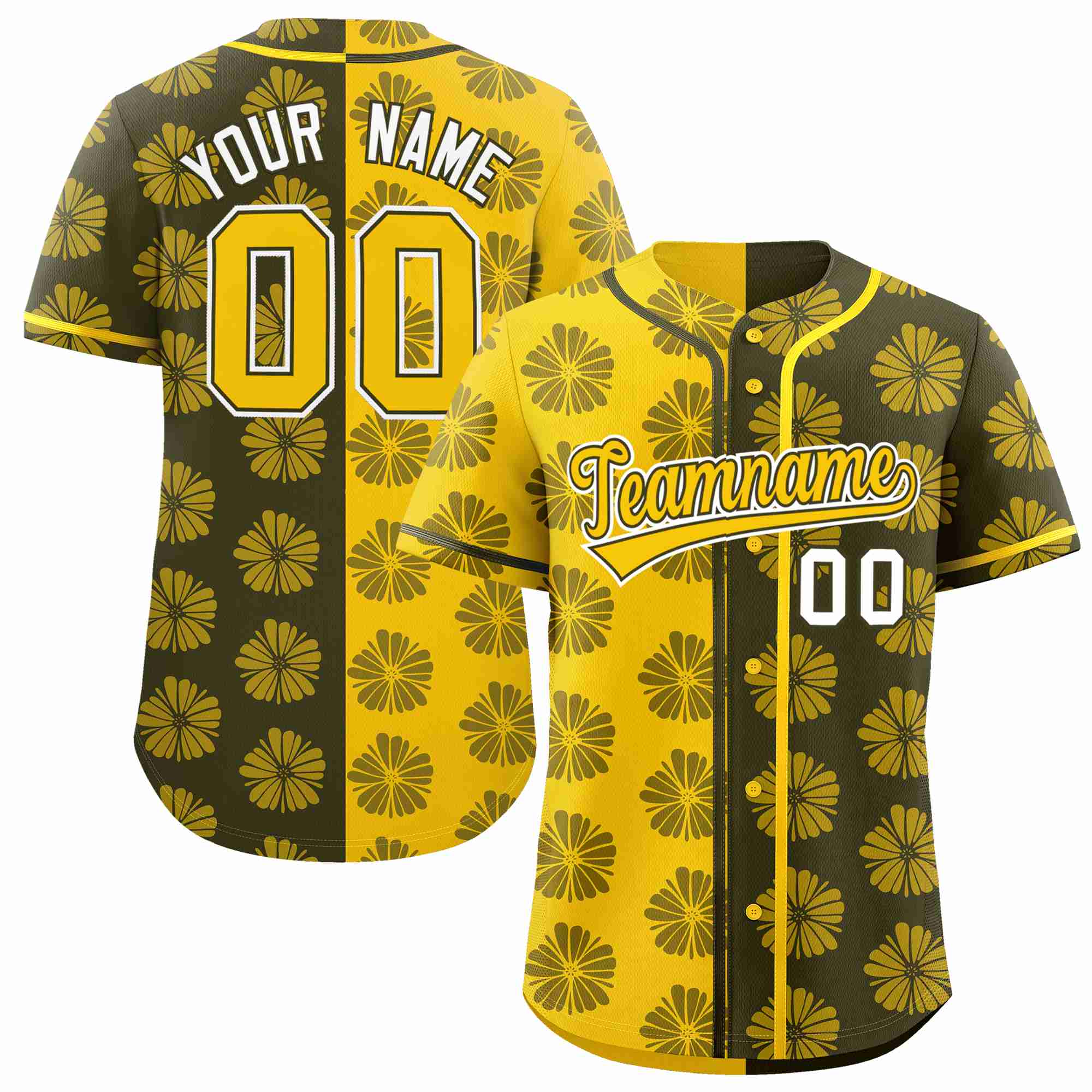 Custom Gold Olive Split Fashion Flower Graffiti Pattern Authentic Baseball Jersey