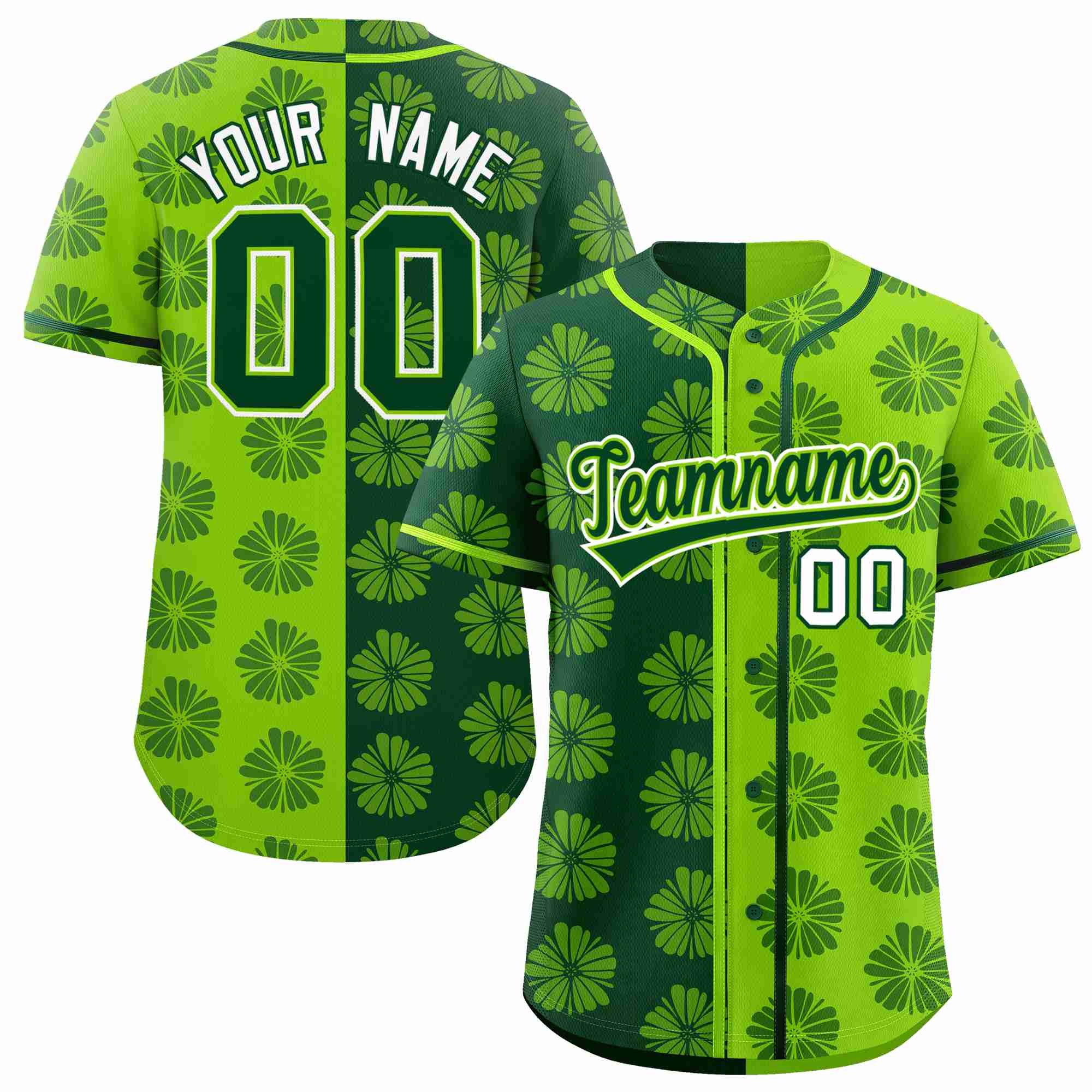 Custom Green Neon Green Split Fashion Flower Graffiti Pattern Authentic Baseball Jersey